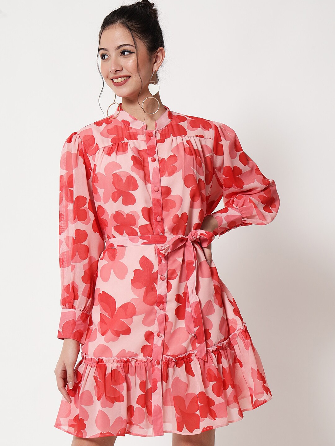 CHARMGAL Women Red & Off White Floral Georgette A-Line Dress
