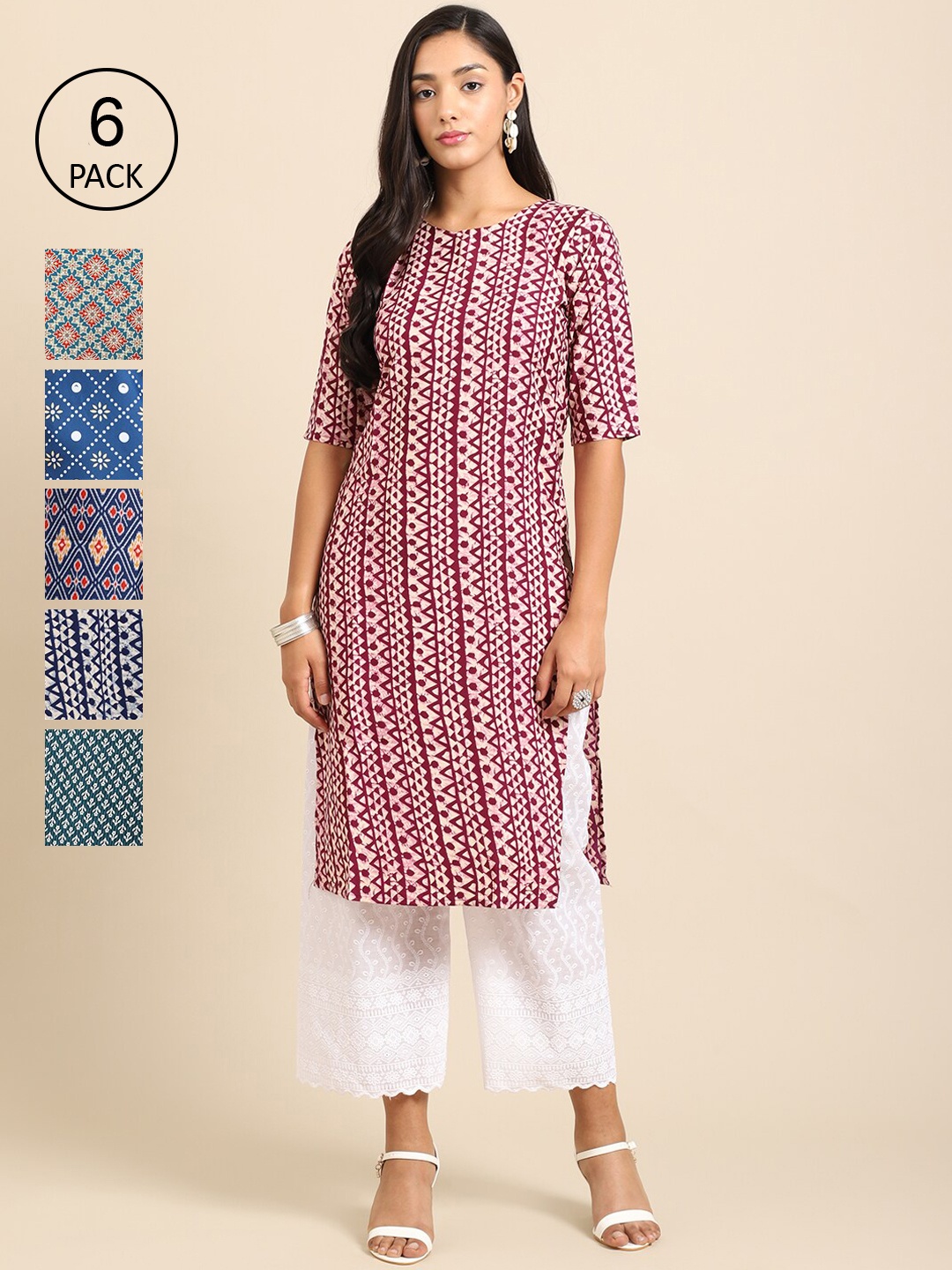 7Threads Women Set Of 6 Geometric Printed Round Neck Summer Sheers Crepe Kurta, Multi
7Threads Women Set Of 6 Geometric Printed Round Neck Summer Sheers Crepe Kurta, Multi