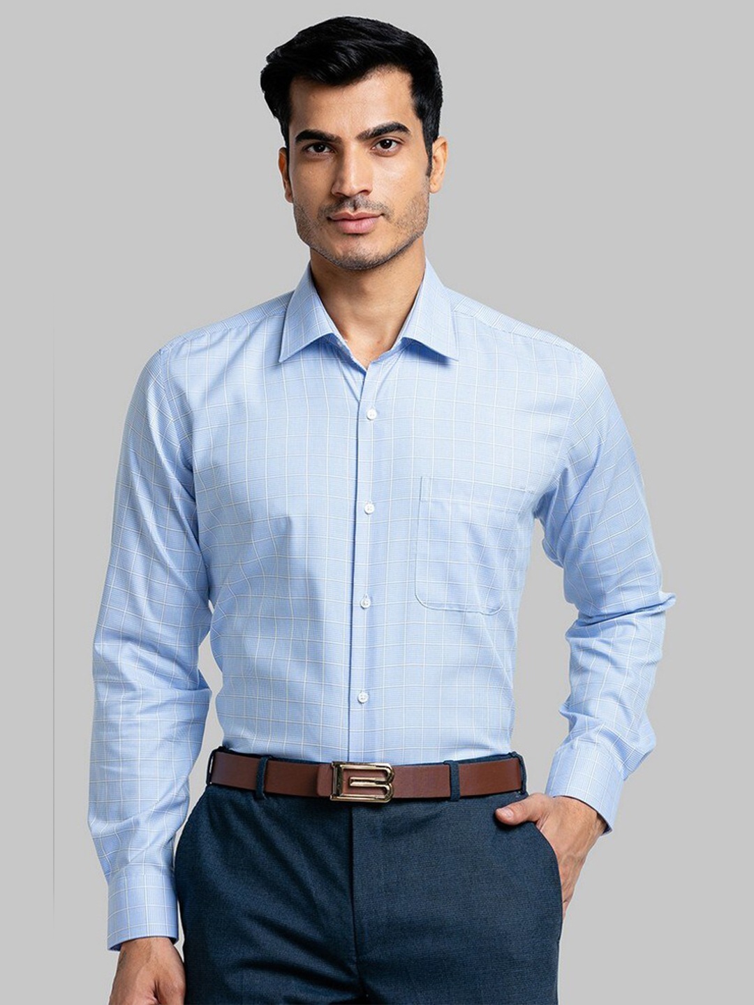 Raymond Men Blue Checked Pure Cotton Formal Shirt