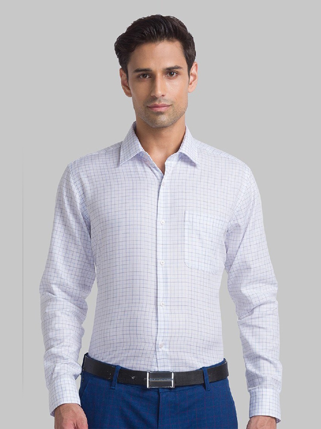 Raymond Men Blue Checked Pure Cotton Formal Shirt