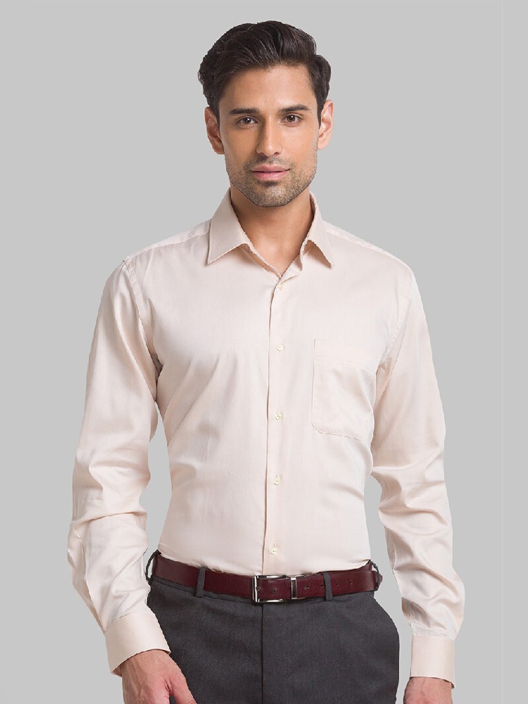 Raymond Men Beige Solid Pure Cotton Formal Shirt