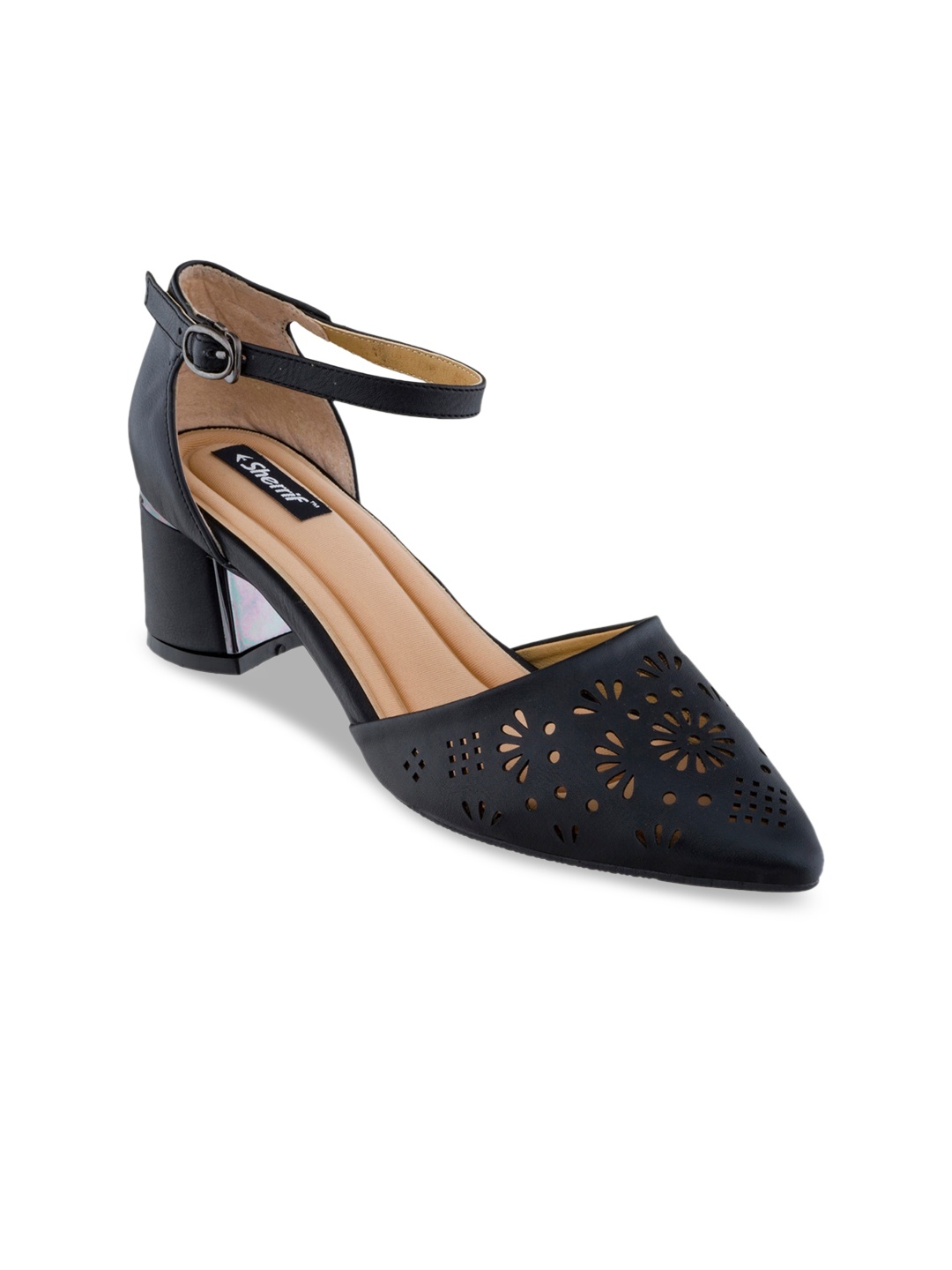 Sherrif Shoes Black Block Pumps with Laser Cuts