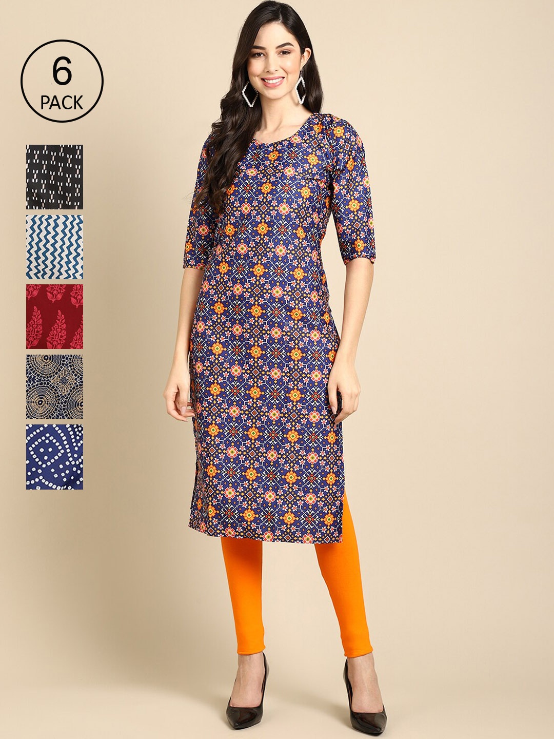 Ethnic basket Women Pack Of 6 Multicoloured Ethnic Motifs Printed Block Print Crepe Kurta, Multi
Ethnic basket Women Pack Of 6 Multicoloured Ethnic Motifs Printed Block Print Crepe Kurta, Multi