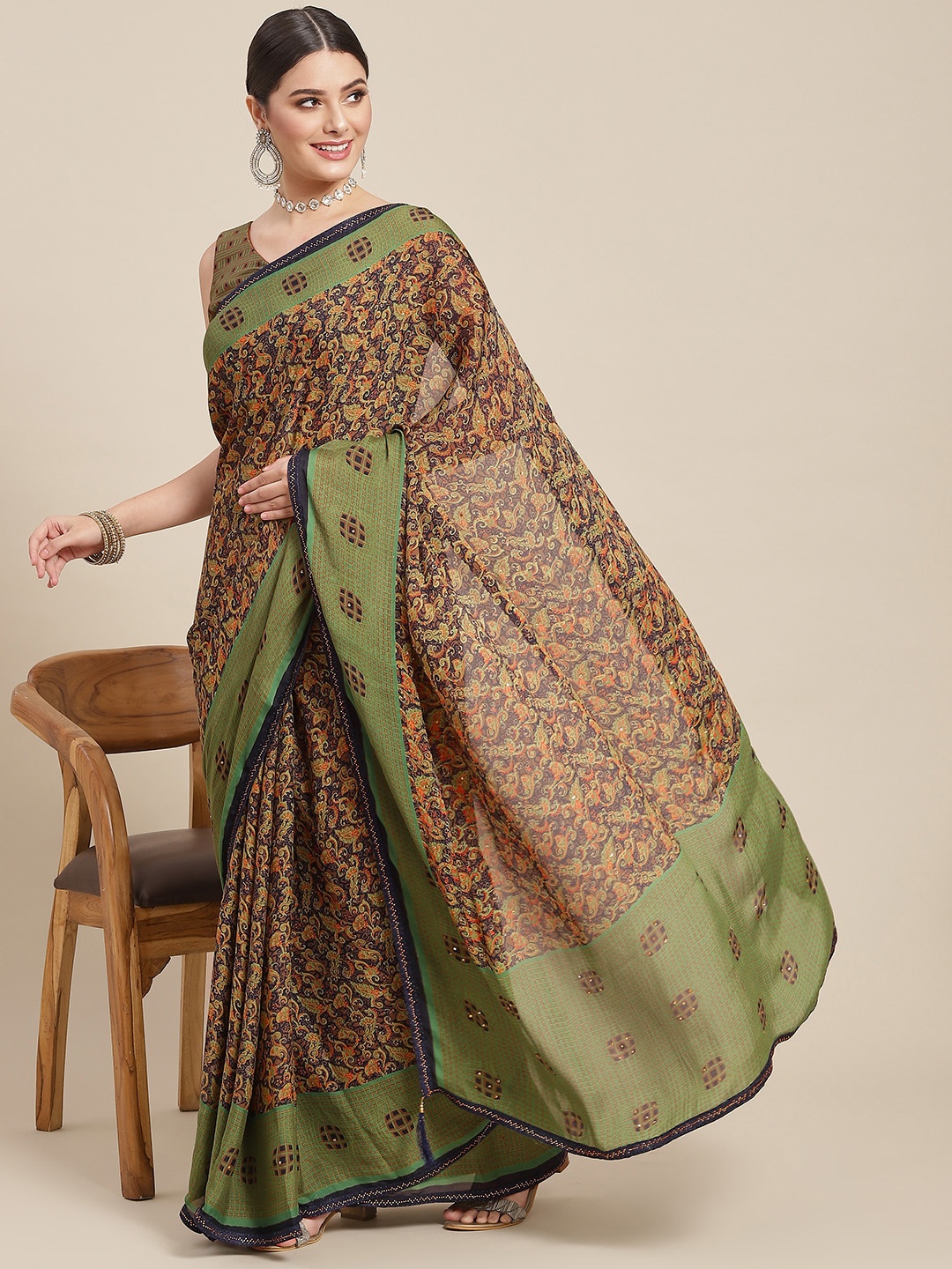 SAARYA Woman Green Floral Saree