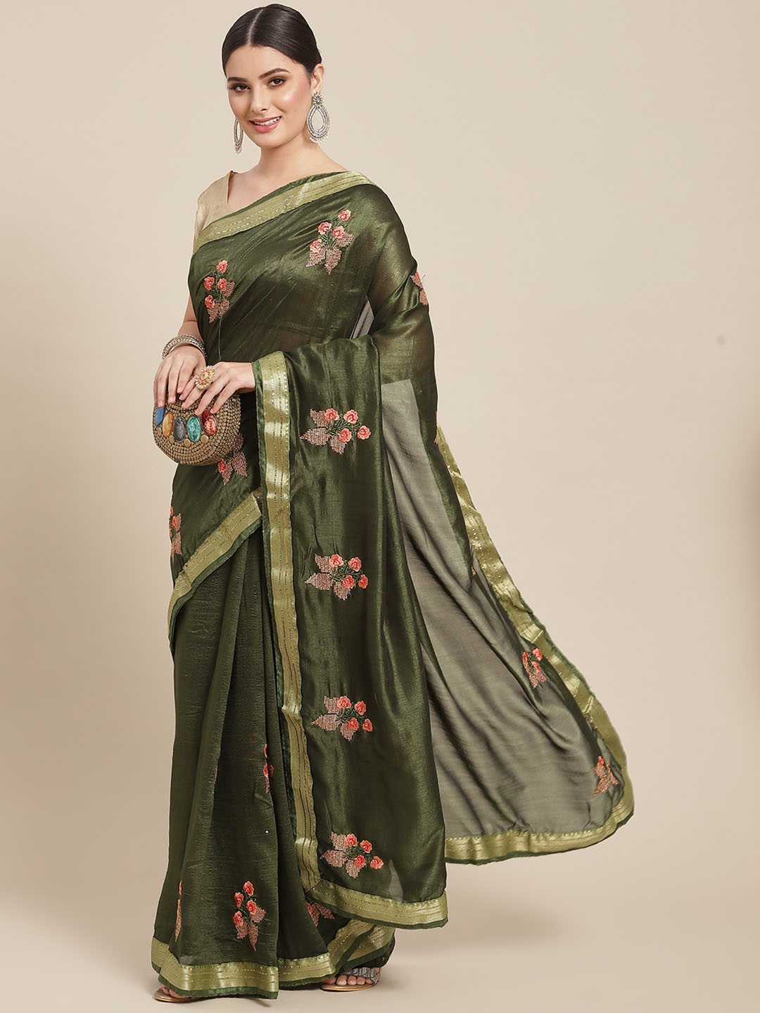 SAARYA Olive Green & Pink Floral Embroidered Saree