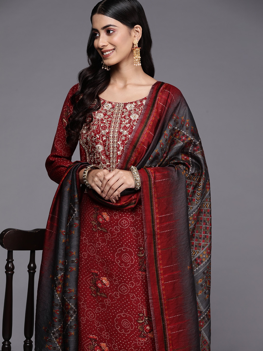 Indo Era Women Maroon Floral Yoke Design Chanderi Silk Kurta with Trousers & With Dupatta
Indo Era Women Maroon Floral Yoke Design Chanderi Silk Kurta with Trousers & With Dupatta
