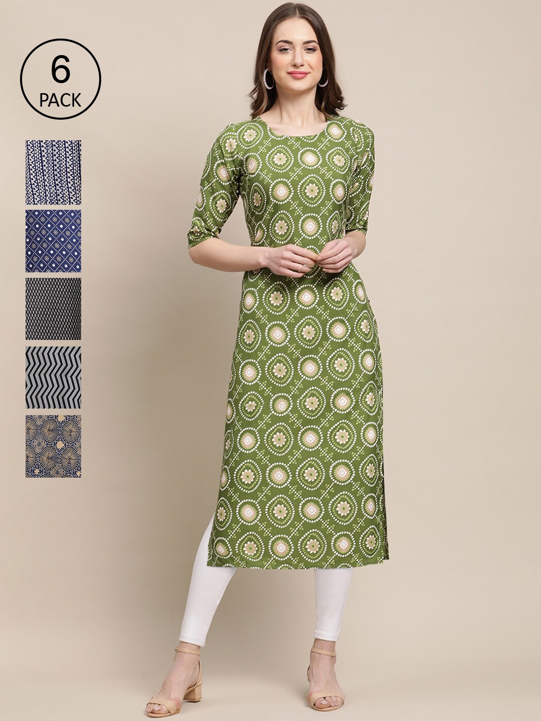 Ethnic basket Women Pack Of 6 Geometric Printed Thread Work Block Print Crepe Kurta, Green
Ethnic basket Women Pack Of 6 Geometric Printed Thread Work Block Print Crepe Kurta, Green