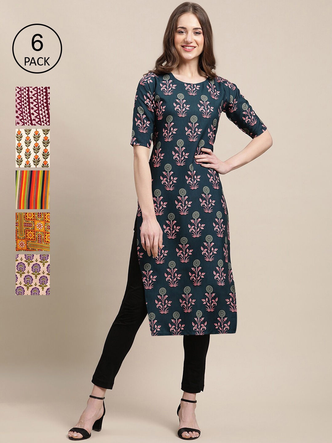 Ethnic basket Women Multicoloured Pack Of 6 Ethnic Motifs Printed Block Print Crepe Kurta, Multi
Ethnic basket Women Multicoloured Pack Of 6 Ethnic Motifs Printed Block Print Crepe Kurta, Multi