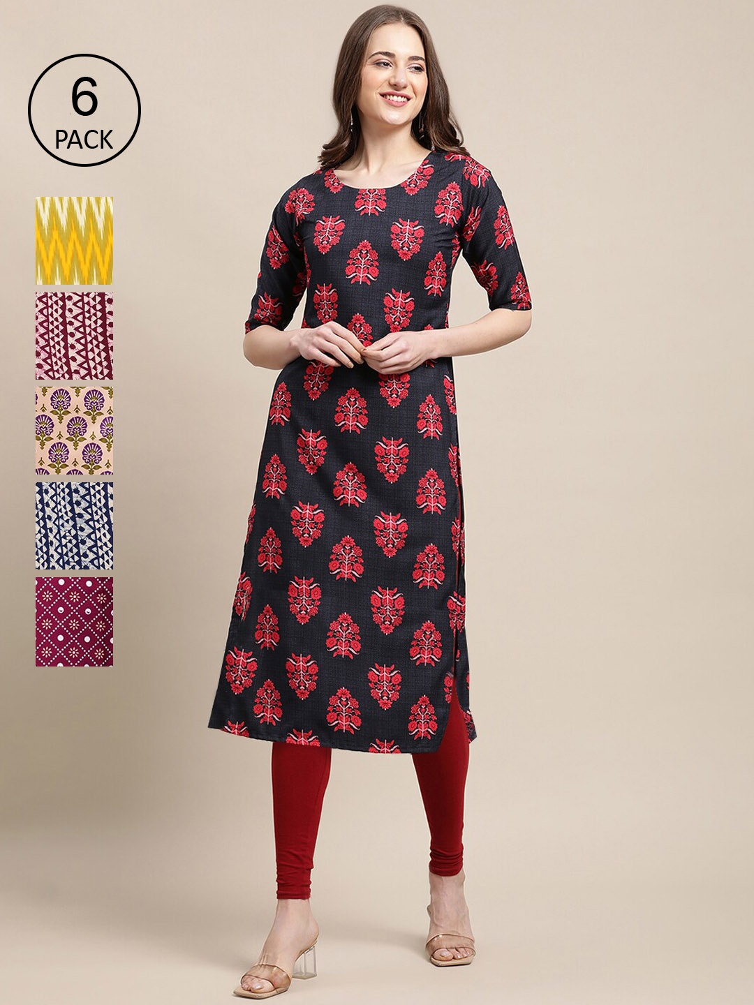 Ethnic basket Women Pack Of 6 Geometric Printed Flared Sleeves Block Print Crepe Kurta, Black
Ethnic basket Women Pack Of 6 Geometric Printed Flared Sleeves Block Print Crepe Kurta, Black