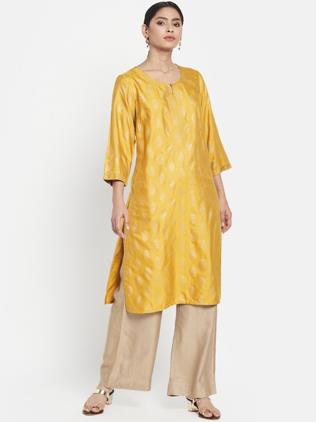 Fabindia Women Mustard Yellow Ethnic Motifs Printed Keyhole Neck Kurta
Fabindia Women Mustard Yellow Ethnic Motifs Printed Keyhole Neck Kurta