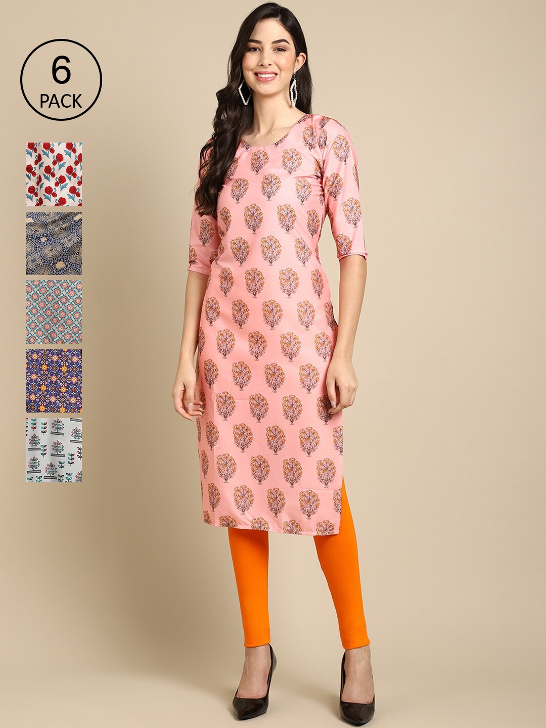 Ethnic basket Pack of 6 Women Peach-Coloured & Beige Ethnic Motifs Printed Crepe Kurta
Ethnic basket Pack of 6 Women Peach-Coloured & Beige Ethnic Motifs Printed Crepe Kurta