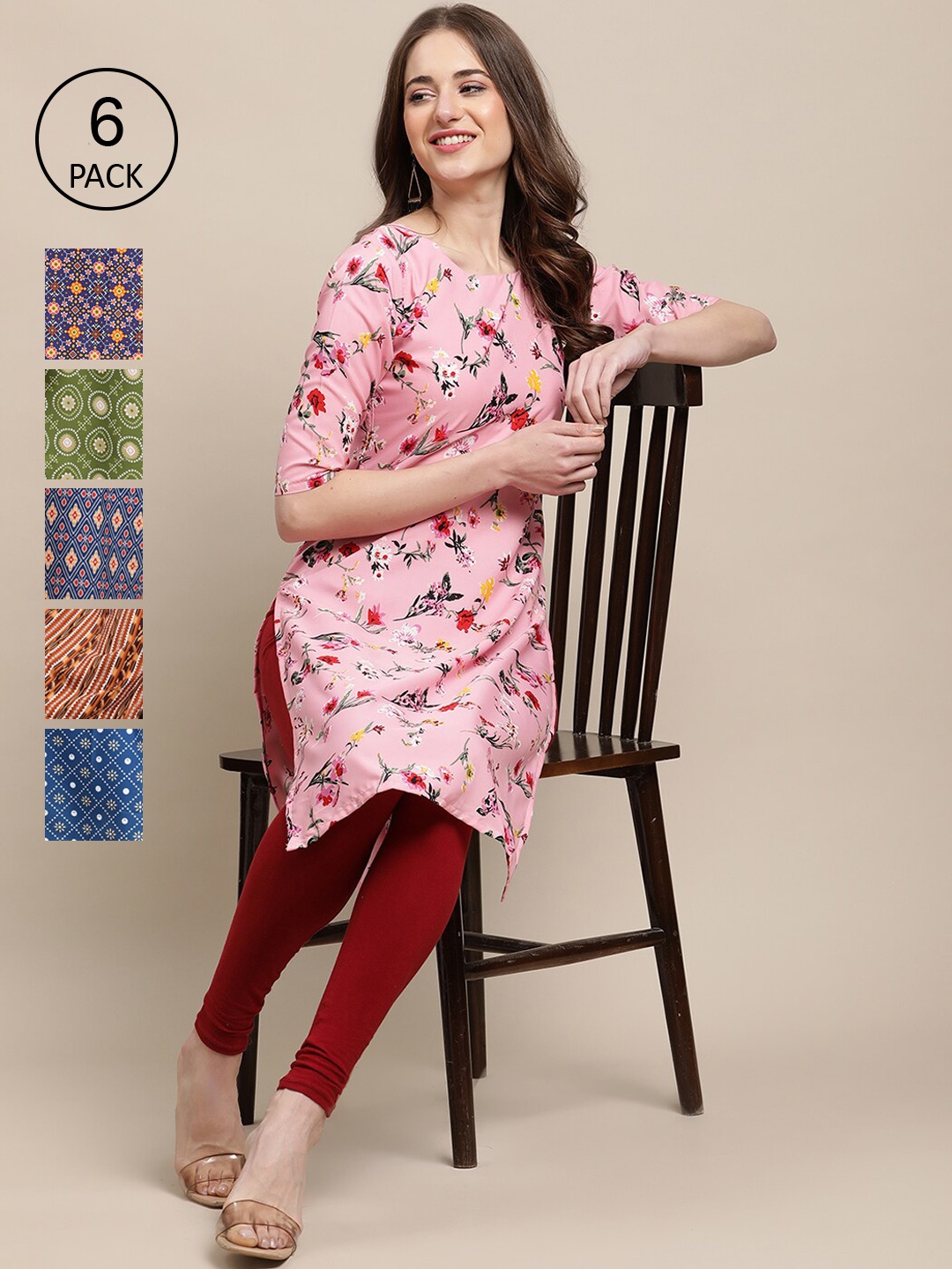 Ethnic basket Women Pack Of 6 Multicoloured Ethnic Motifs Printed Crepe Kurta, Multi
Ethnic basket Women Pack Of 6 Multicoloured Ethnic Motifs Printed Crepe Kurta, Multi