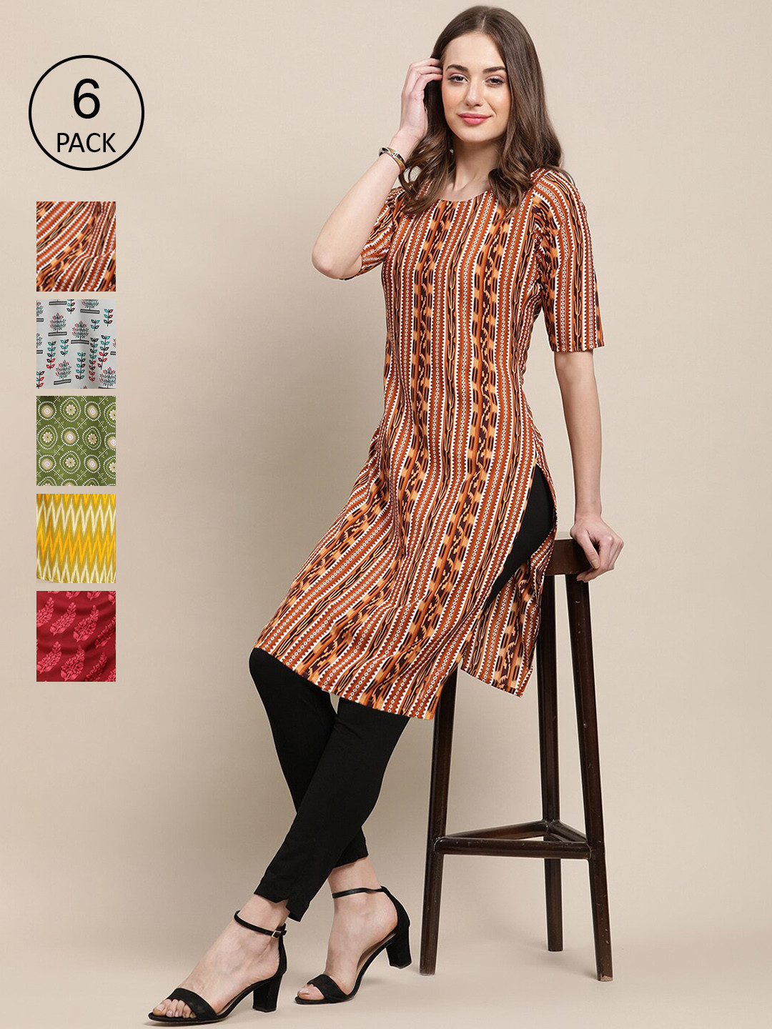 Ethnic basket Women Pack Of 6 Multicoloured Geometric Printed Summer Sheers Crepe Kurta, Multi
Ethnic basket Women Pack Of 6 Multicoloured Geometric Printed Summer Sheers Crepe Kurta, Multi