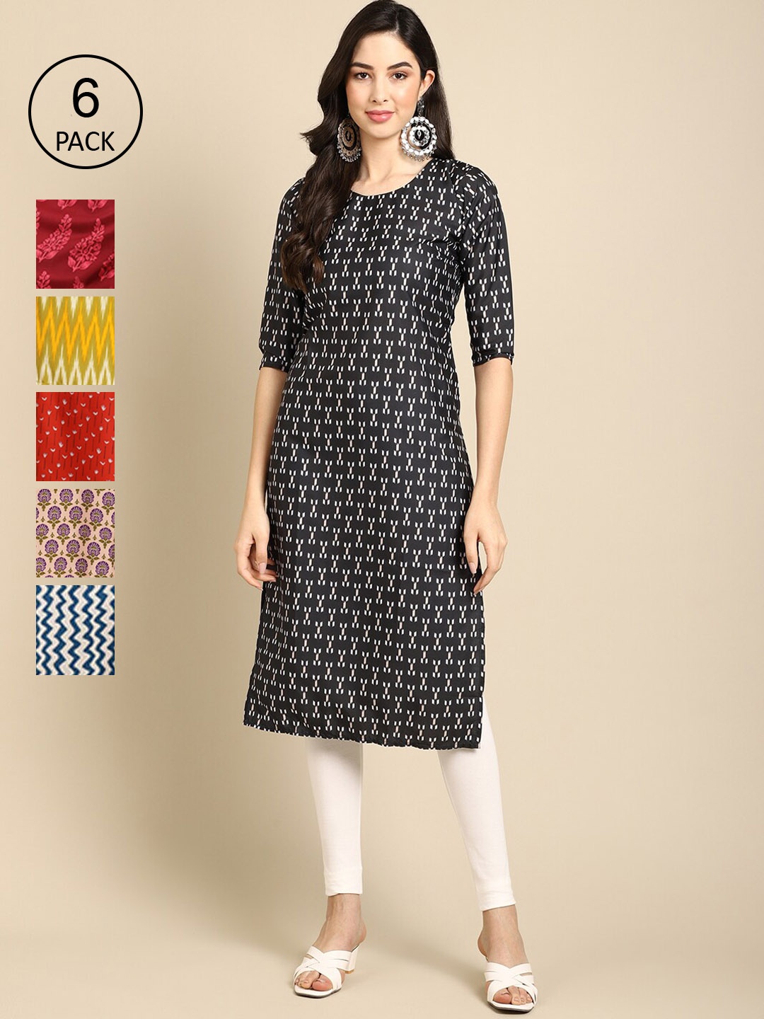 Ethnic basket Women Pack of 6 Ethnic Motifs Printed Keyhole Neck Summer Sheers Crepe Kurta, Black
Ethnic basket Women Pack of 6 Ethnic Motifs Printed Keyhole Neck Summer Sheers Crepe Kurta, Black