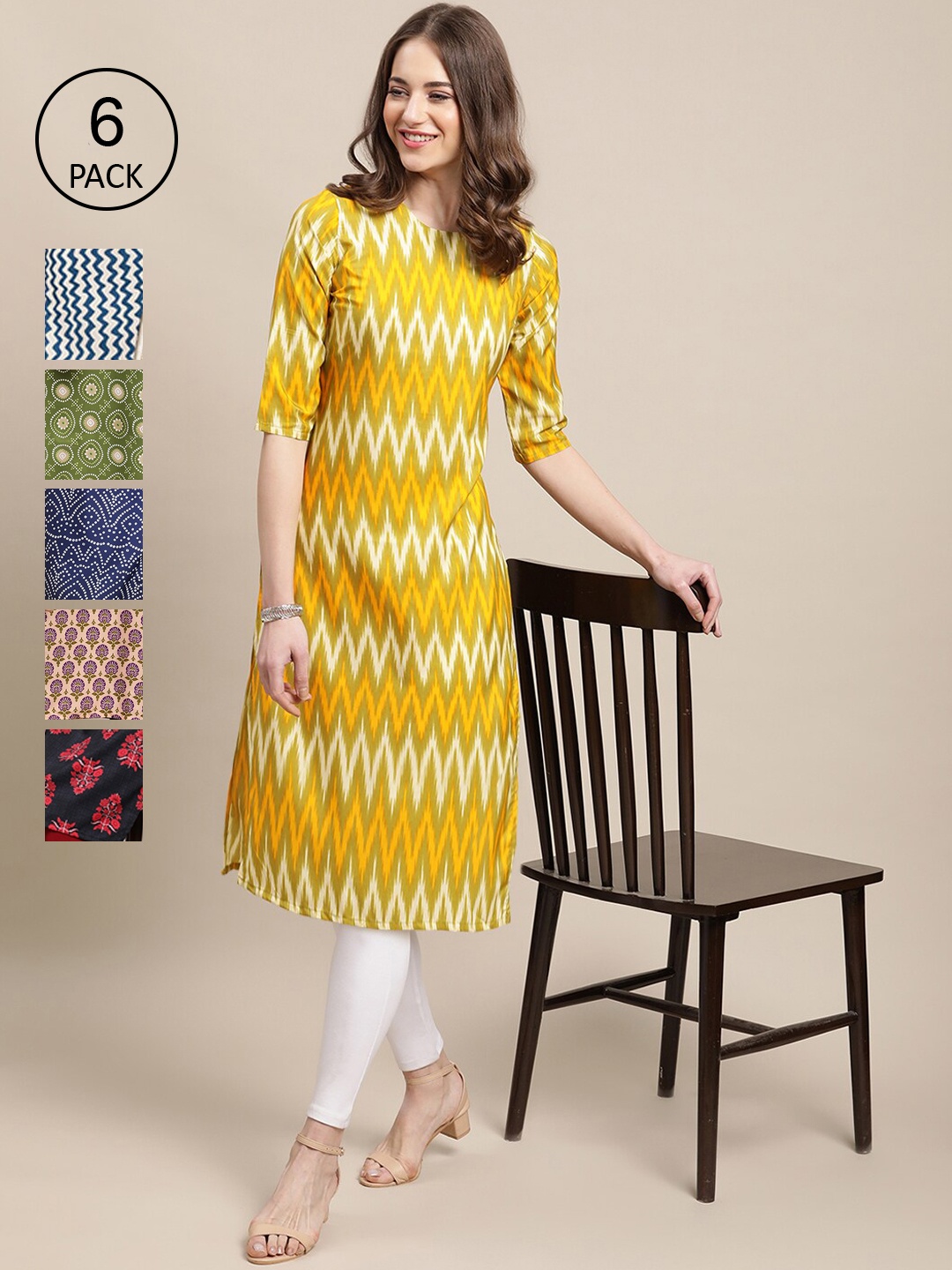 Ethnic basket Women Multicoloured Pack Of 6 Geometric Printed Crepe Kurta, Multi
Ethnic basket Women Multicoloured Pack Of 6 Geometric Printed Crepe Kurta, Multi