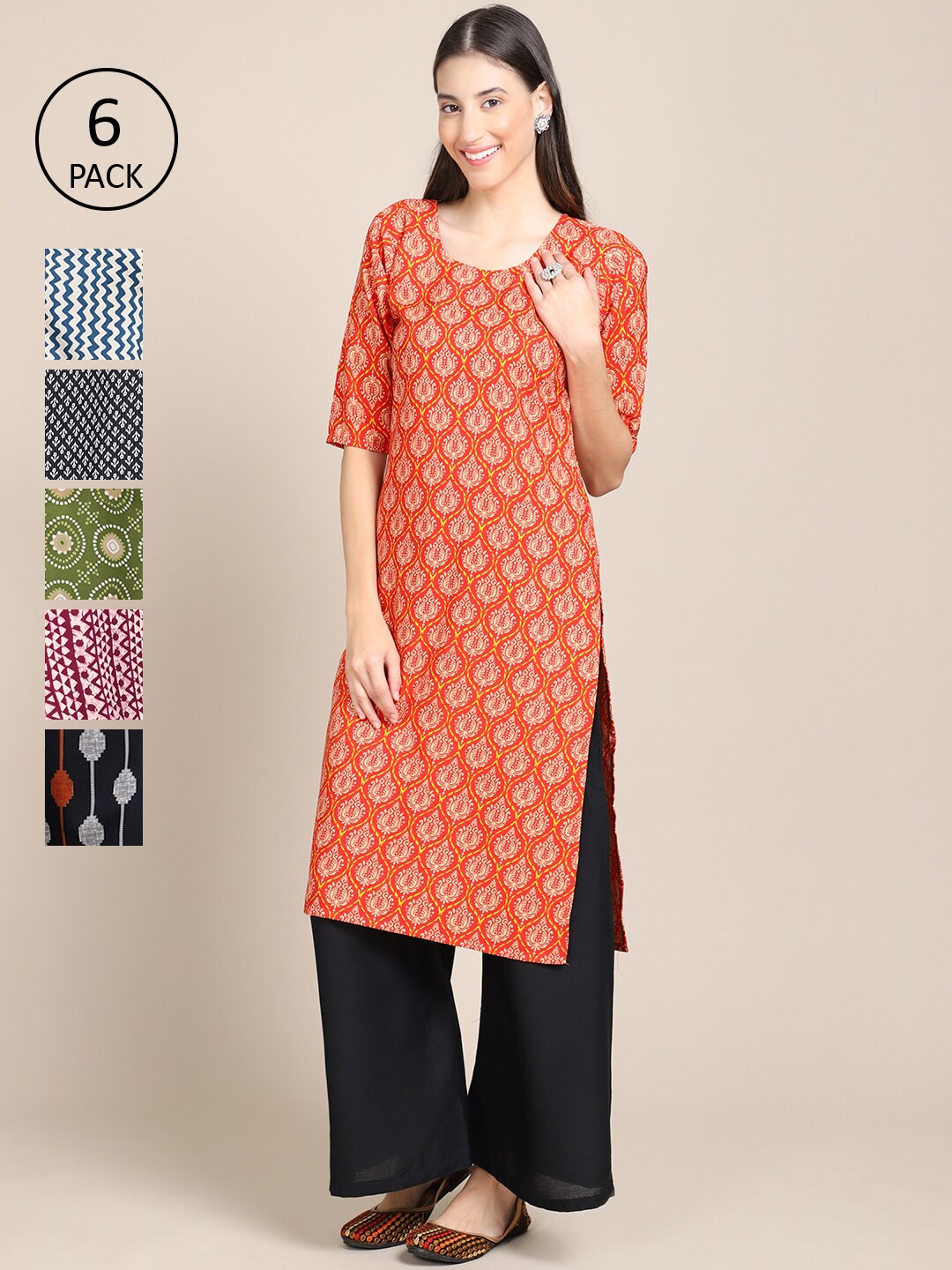 Ethnic basket Women Pack Of 6 Geometric Printed Block Print Crepe Kurta, Orange
Ethnic basket Women Pack Of 6 Geometric Printed Block Print Crepe Kurta, Orange