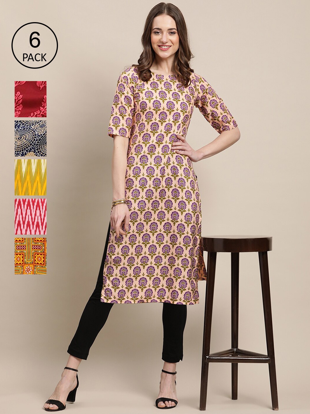 Ethnic basket Women Pack Of 6 Multicoloured Ethnic Motifs Printed Crepe Kurta, Multi
Ethnic basket Women Pack Of 6 Multicoloured Ethnic Motifs Printed Crepe Kurta, Multi