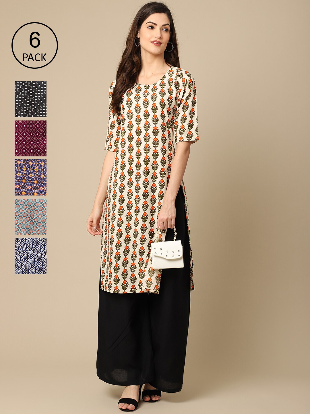Ethnic basket Women Pack Of 6 Multicoloured Ethnic Motifs Printed Crepe Kurta, Multi
Ethnic basket Women Pack Of 6 Multicoloured Ethnic Motifs Printed Crepe Kurta, Multi