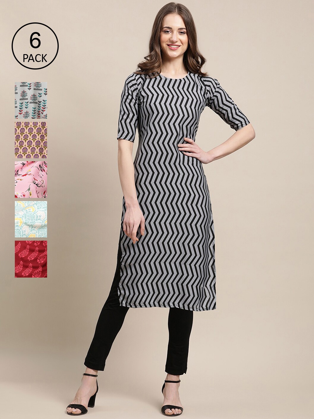 Ethnic basket Women Pack of 6 Ethnic Motifs Printed Summer Sheers Crepe Kurta, Black
Ethnic basket Women Pack of 6 Ethnic Motifs Printed Summer Sheers Crepe Kurta, Black
