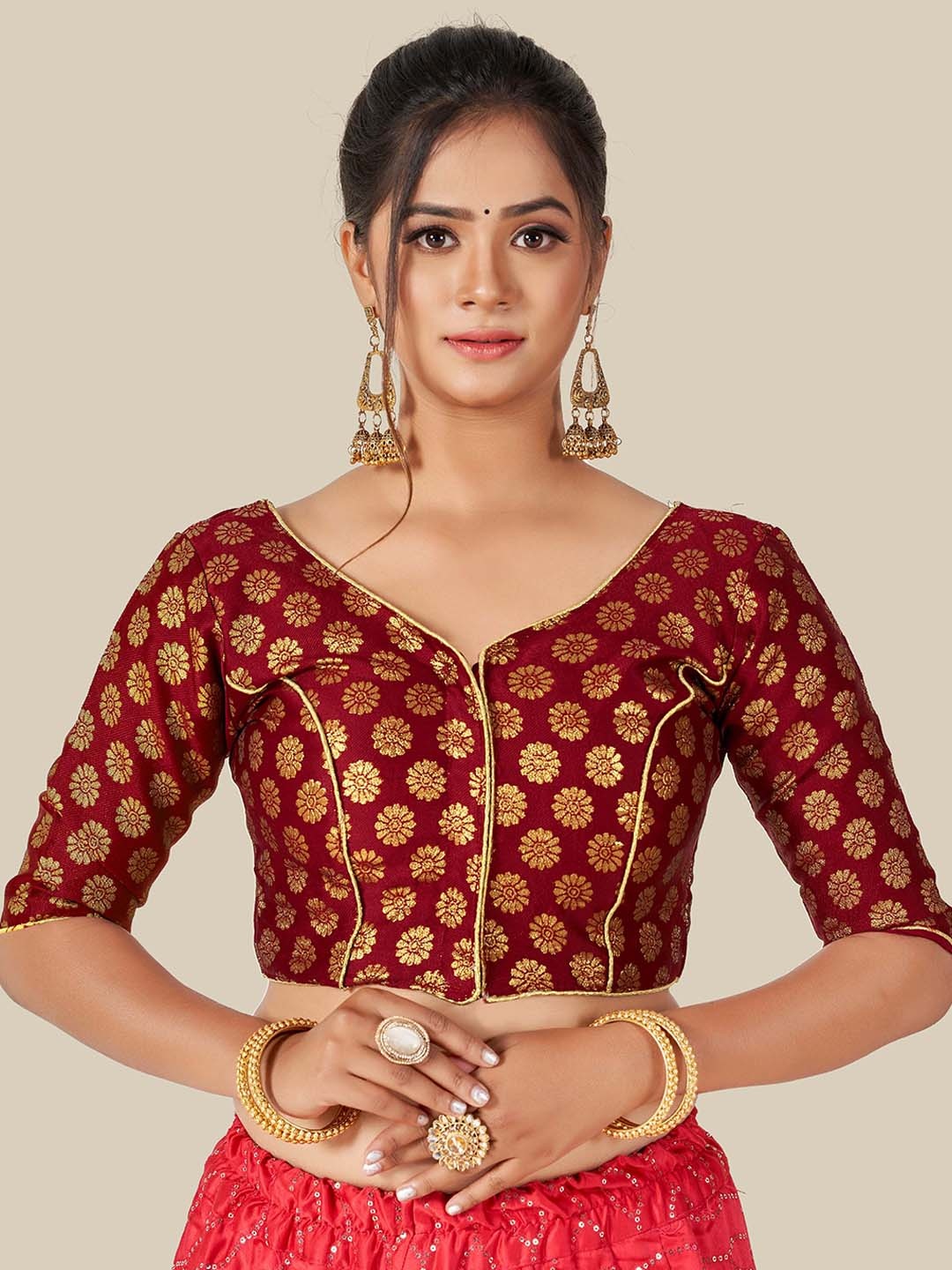 HIMRISE Maroon & Gold-Coloured Woven Design Readymade Saree Blouse