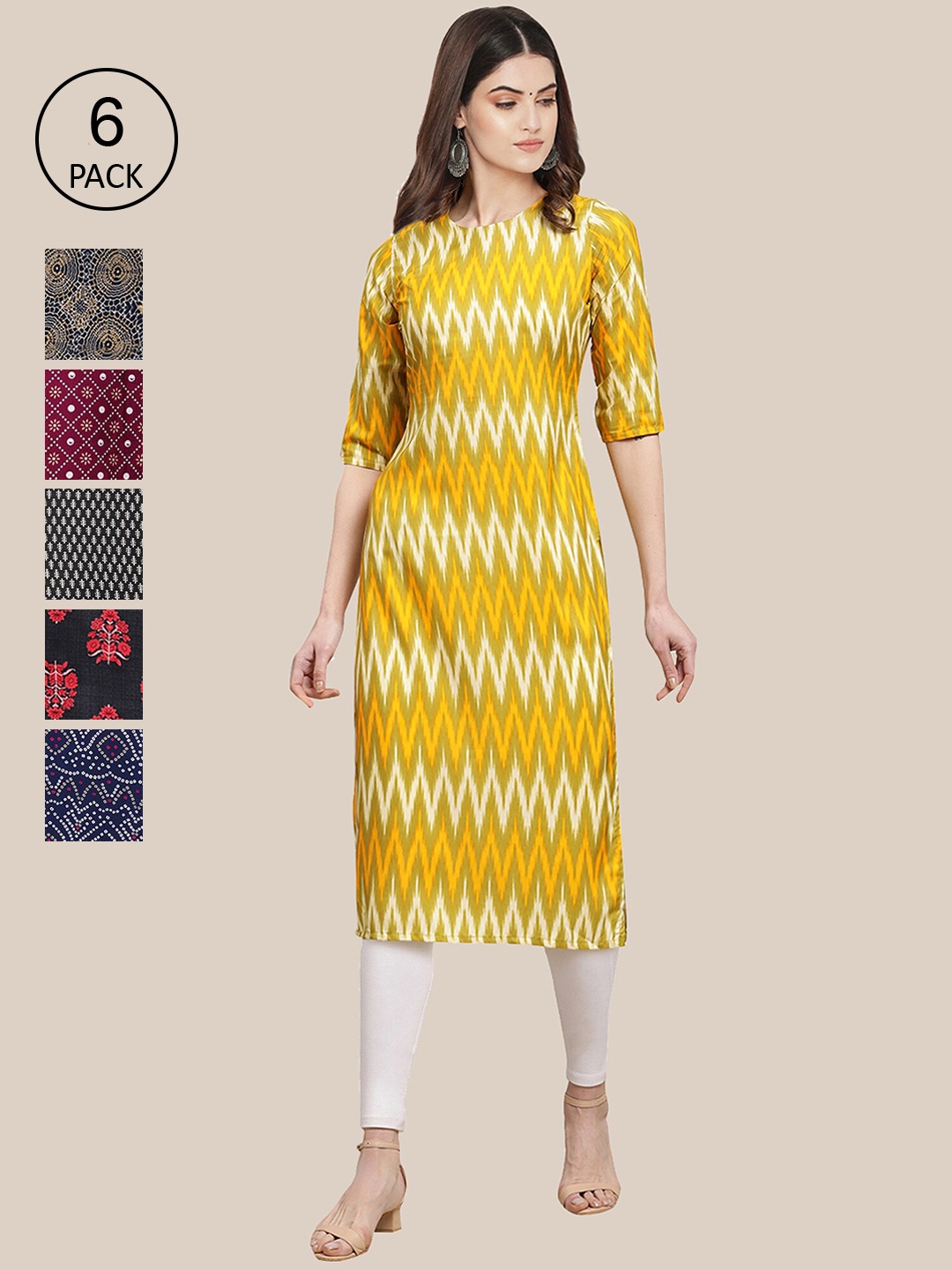 7Threads Women Pack of 6 Geometric Printed Thread Work Block Print Crepe Kurta, Yellow
7Threads Women Pack of 6 Geometric Printed Thread Work Block Print Crepe Kurta, Yellow