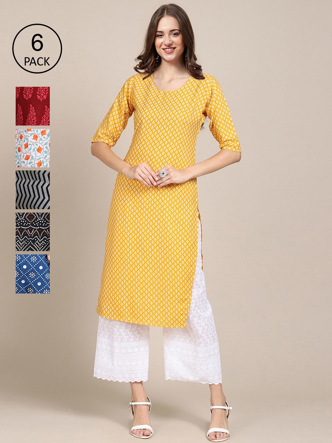 7Threads Women Pack Of 6 Geometric Printed Chikankari Summer Sheers Crepe Kurta, Yellow
7Threads Women Pack Of 6 Geometric Printed Chikankari Summer Sheers Crepe Kurta, Yellow