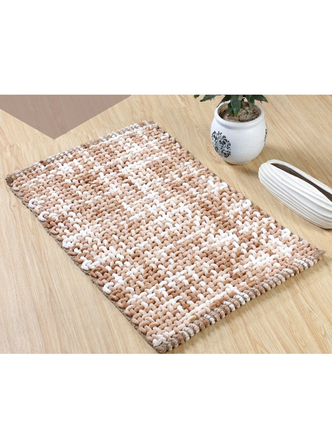 URBAN SPACE Beige Woven Design Anti-Skid Cotton Doormats