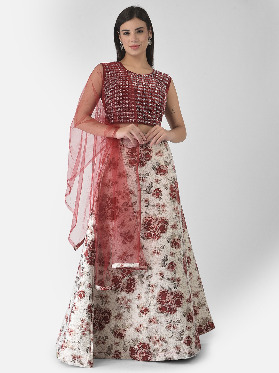 FNOCKS Maroon & Cream-Coloured Embellished Ready to Wear Lehenga & Blouse With Dupatta
FNOCKS Maroon & Cream-Coloured Embellished Ready to Wear Lehenga & Blouse With Dupatta