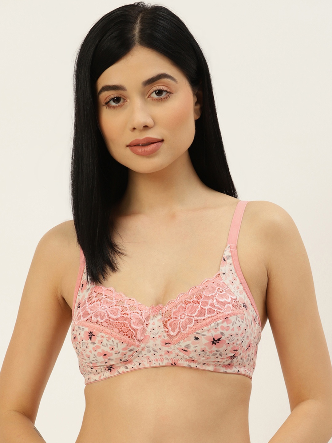 Leading Lady Peach-Coloured & White Floral Bra