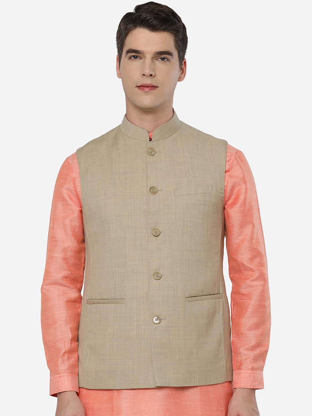 JADE BLUE Men Beige Solid Nehru Jacket 
JADE BLUE Men Beige Solid Nehru Jacket