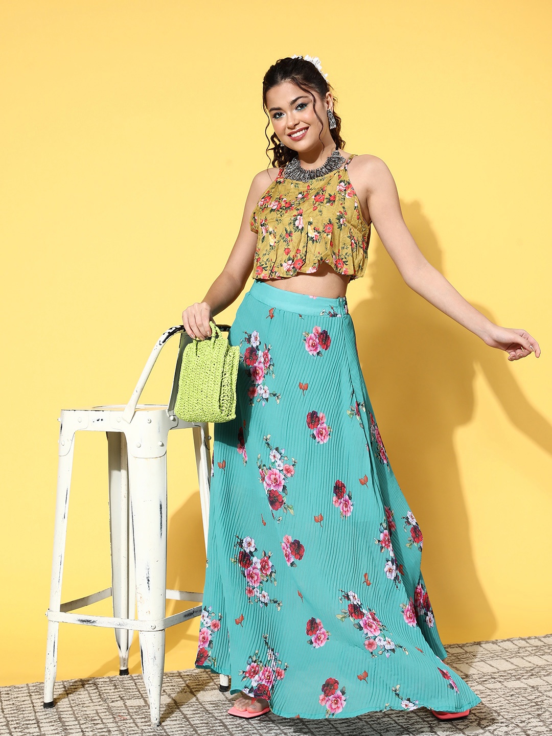 InWeave Turquoise Blue Floral Plisse Skirt