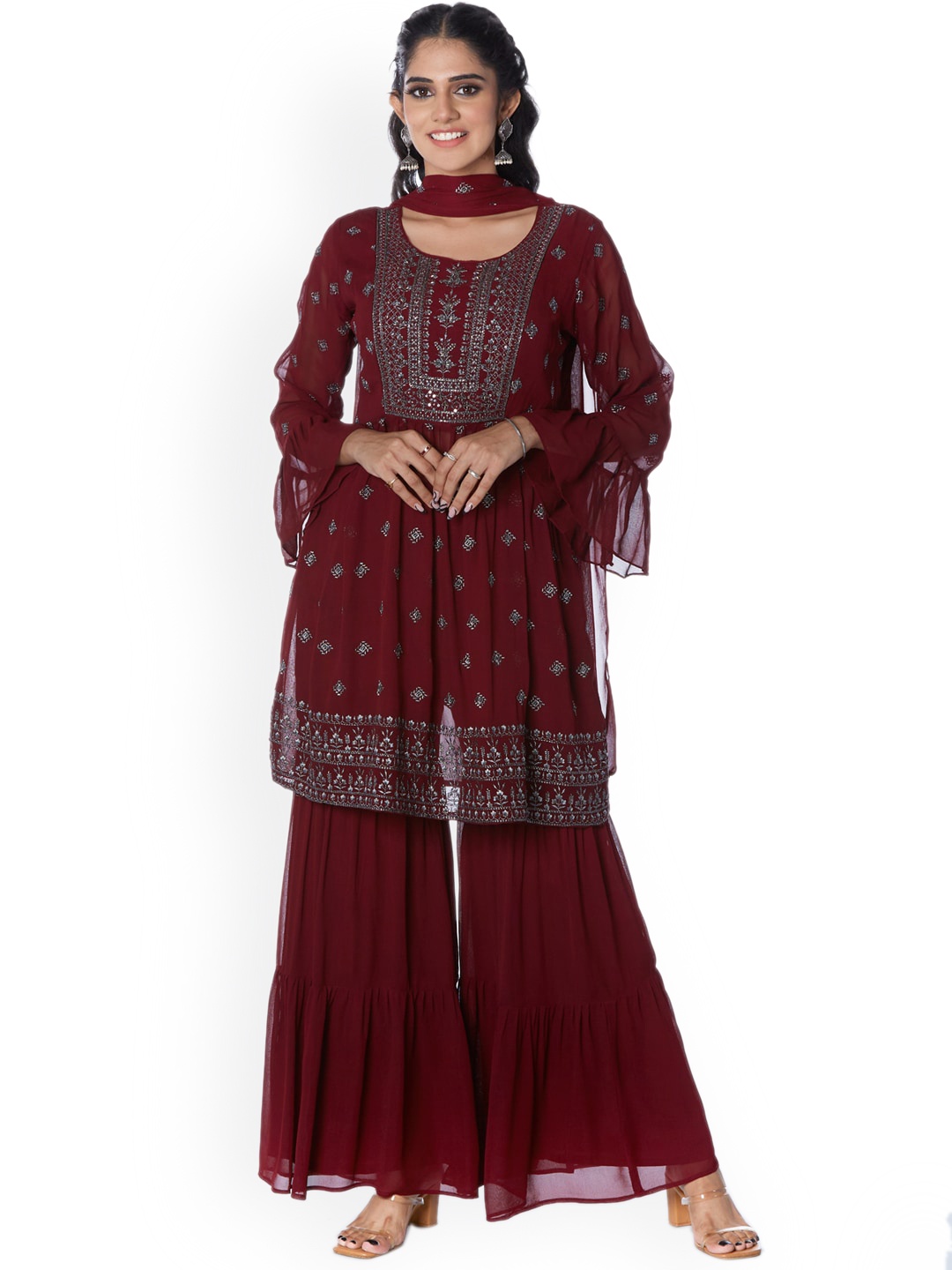 taruni Women Maroon Ethnic Motifs Layered Beads and Stones Kurti with Sharara & With Dupatta
taruni Women Maroon Ethnic Motifs Layered Beads and Stones Kurti with Sharara & With Dupatta