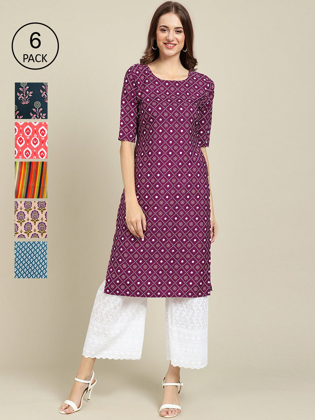 Ethnic basket Women Purple & Navy Blue Pack of 6 Geometric Printed Crepe Kurtas
Ethnic basket Women Purple & Navy Blue Pack of 6 Geometric Printed Crepe Kurtas