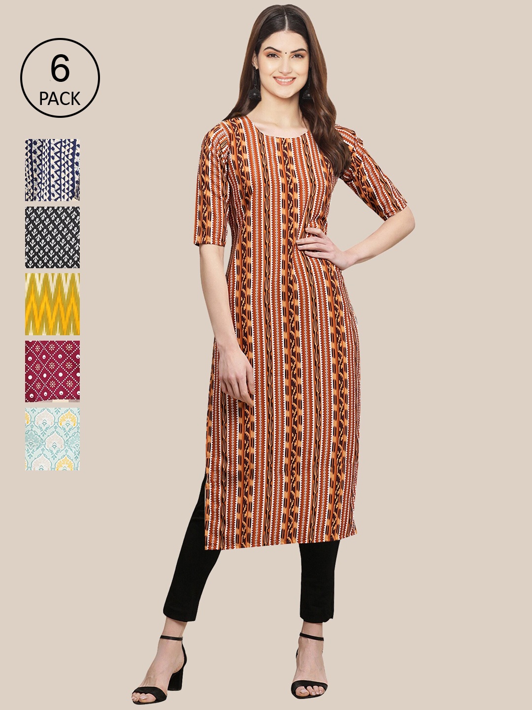 Ethnic basket Pack of 6 Women Brown & Yellow Geometric Printed Summer Sheers Crepe Kurta
Ethnic basket Pack of 6 Women Brown & Yellow Geometric Printed Summer Sheers Crepe Kurta