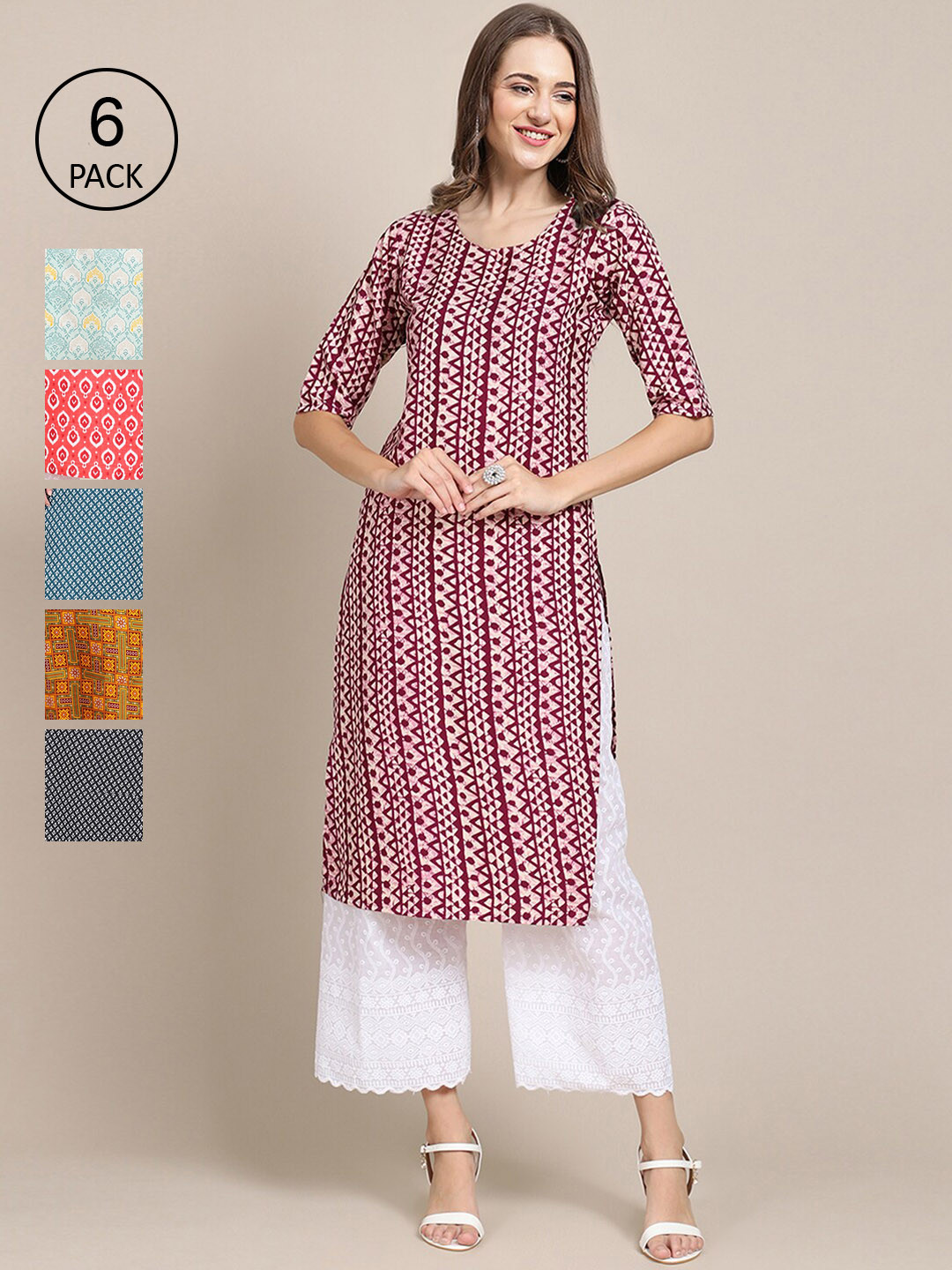 Ethnic basket Women Pack of 6 Ethnic Motifs Printed Crepe Kurta, Multi
Ethnic basket Women Pack of 6 Ethnic Motifs Printed Crepe Kurta, Multi