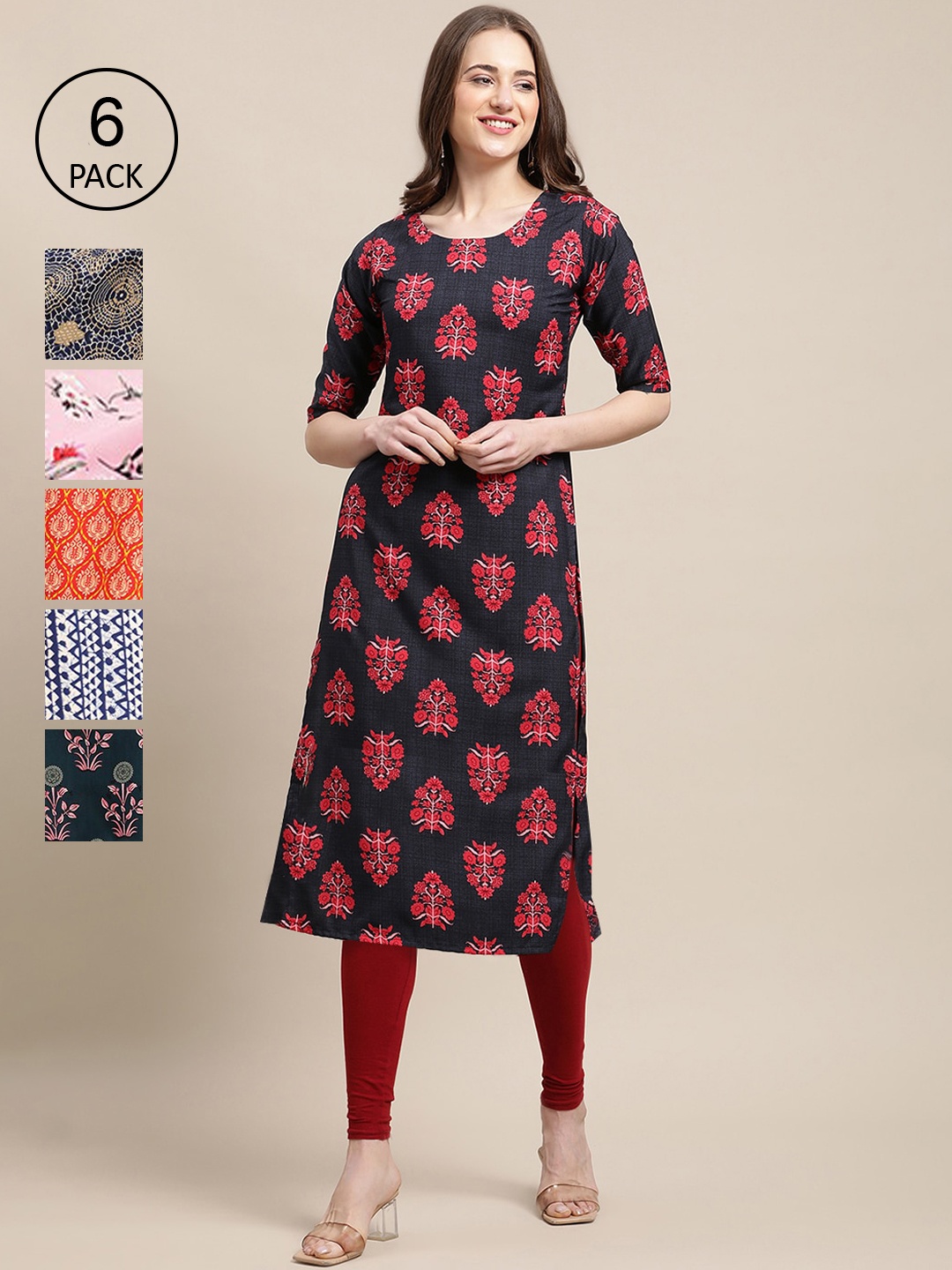 Ethnic basket Women Pack of 6 Ethnic Motifs Printed Summer Sheers Crepe Kurta, Black
Ethnic basket Women Pack of 6 Ethnic Motifs Printed Summer Sheers Crepe Kurta, Black