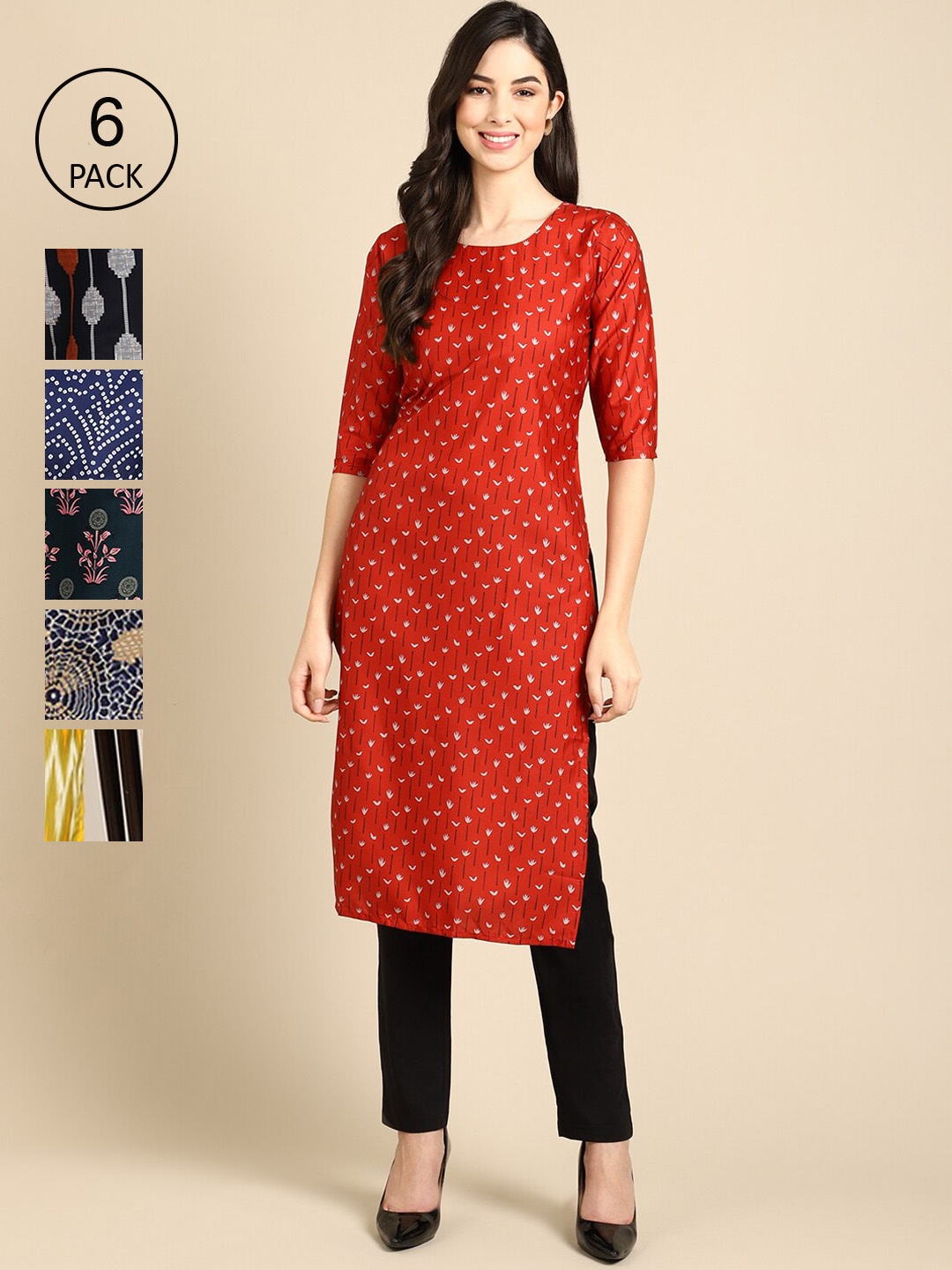 Ethnic basket Women Black & Red Pack Of 6 Geometric Printed Summer Sheers Crepe Kurta
Ethnic basket Women Black & Red Pack Of 6 Geometric Printed Summer Sheers Crepe Kurta