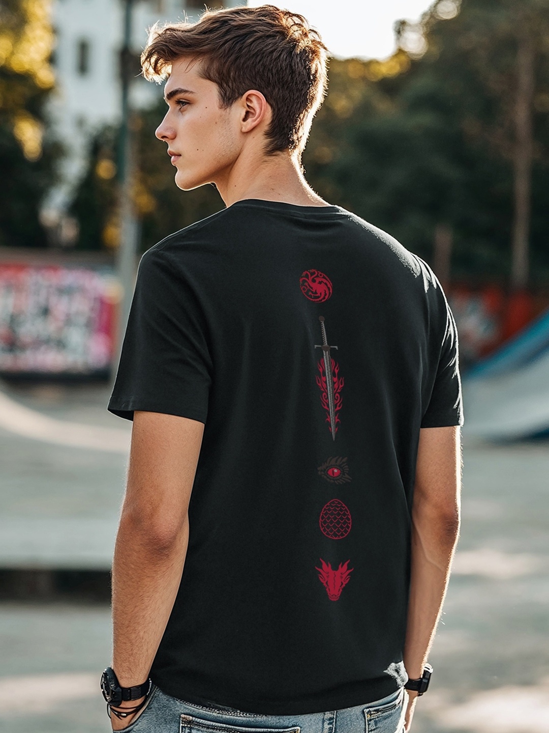 Bewakoof Men Black House Of The Dragon Iconic Graphic Back Pure Cotton Printed T-shirt
Bewakoof Men Black House Of The Dragon Iconic Graphic Back Pure Cotton Printed T-shirt