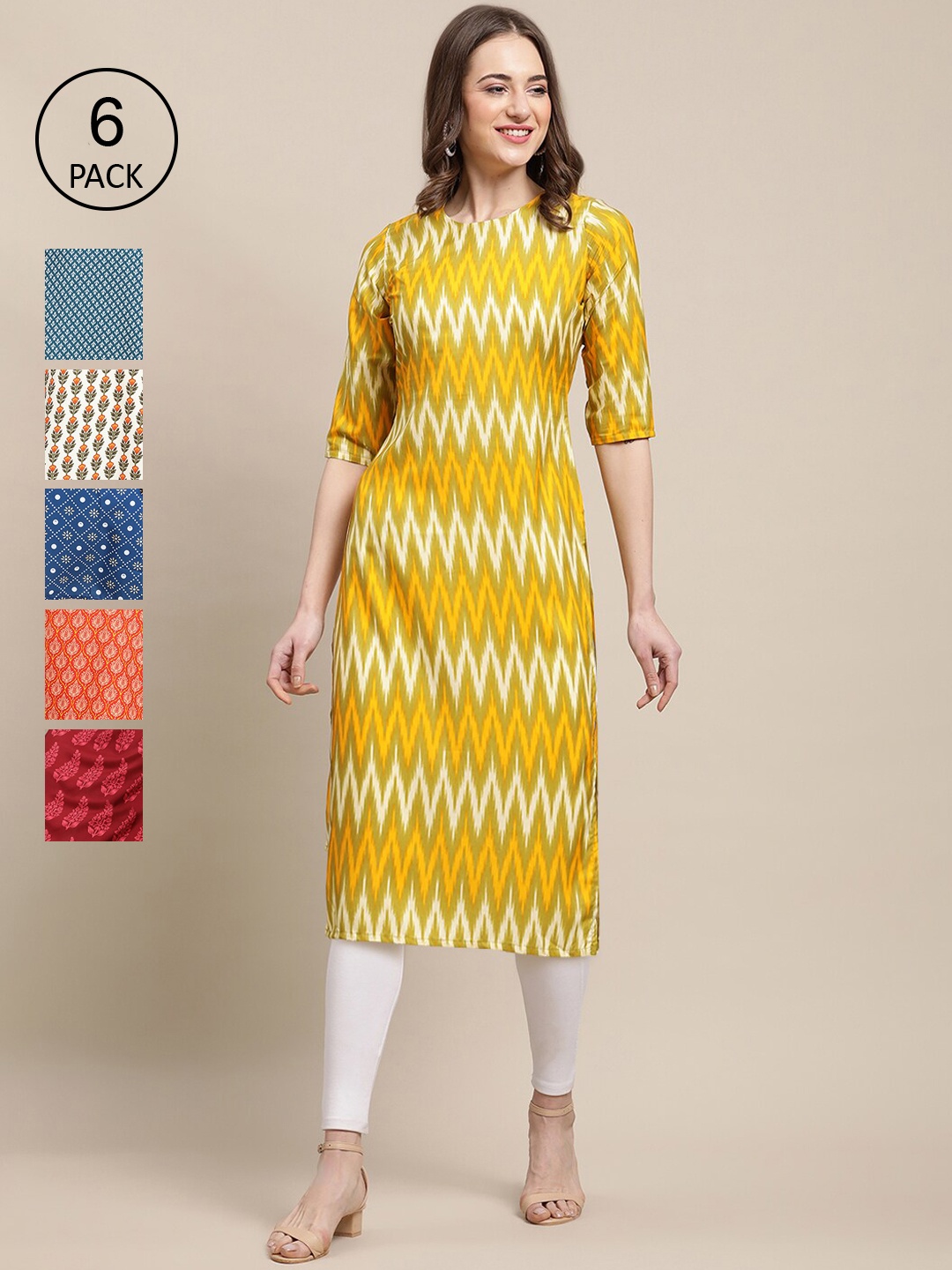 7Threads Women Multicoloured Pack of 6 Ethnic Motifs Printed Crepe Kurta, Multi
7Threads Women Multicoloured Pack of 6 Ethnic Motifs Printed Crepe Kurta, Multi