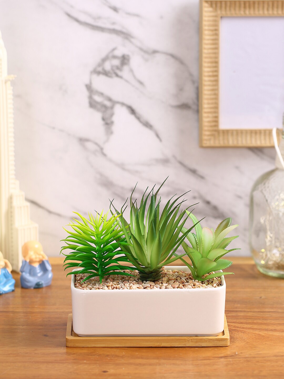 Fourwalls Green & White Solid Artificial Succulent Plant With Pot