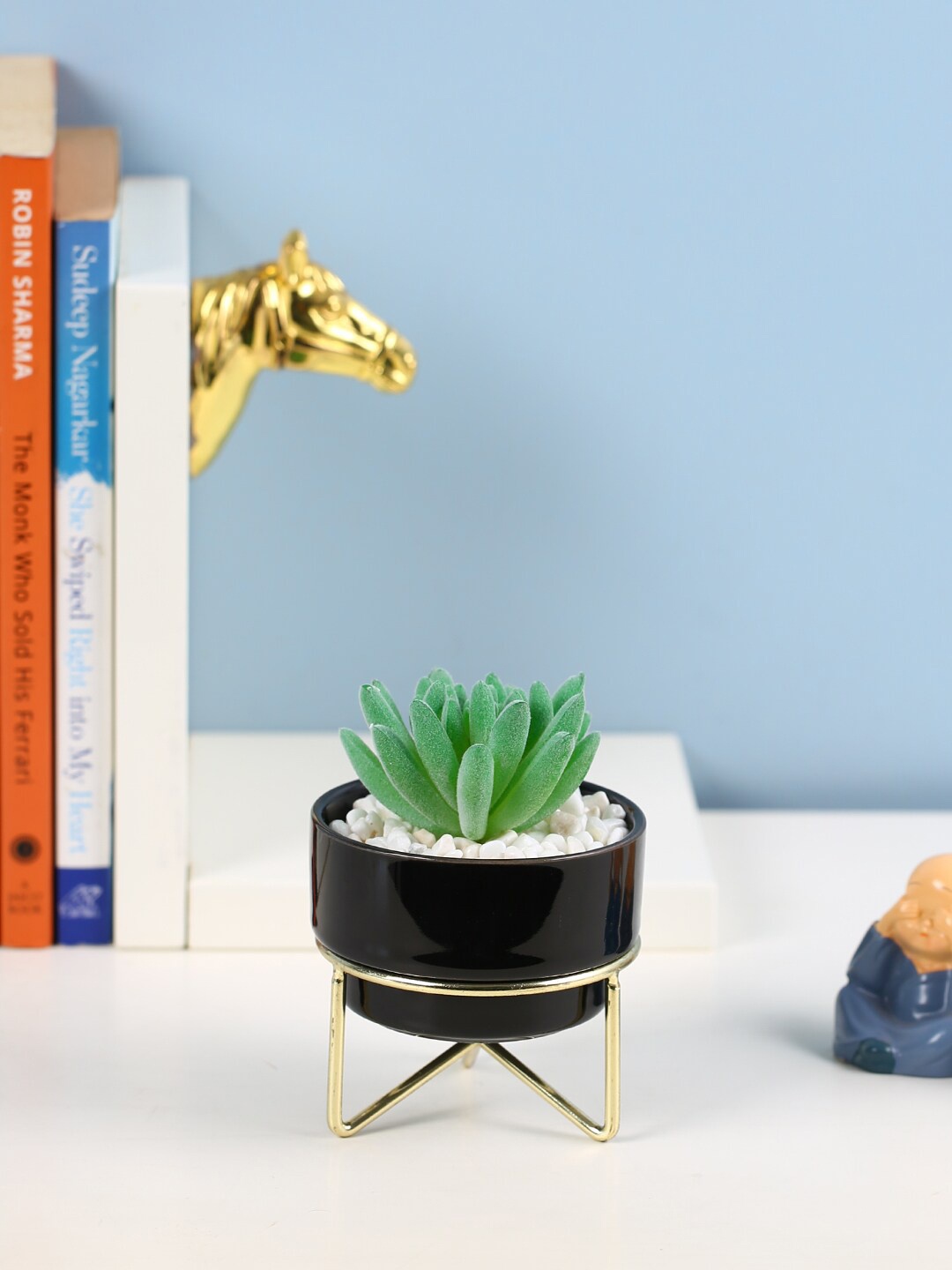 Fourwalls Green & Black Artificial Succulent Plant in a Ceramic Pot