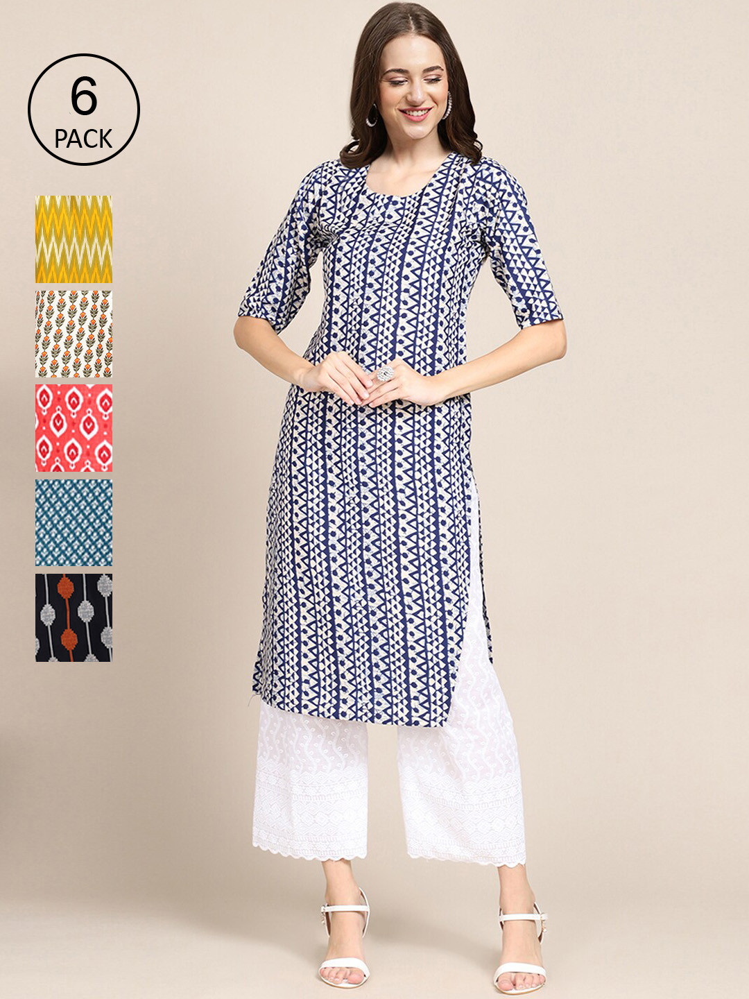 7Threads Women Navy Blue & Yellow Pack of 6 Geometric Printed Crepe Kurtas
7Threads Women Navy Blue & Yellow Pack of 6 Geometric Printed Crepe Kurtas