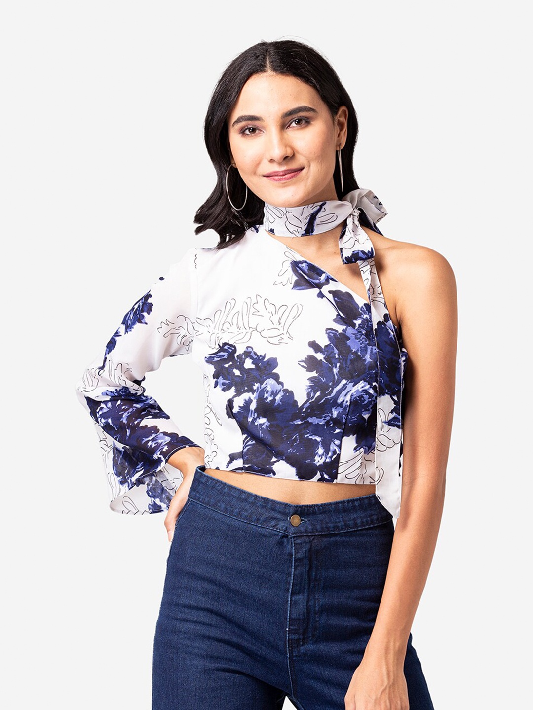 YEROS White Floral Print Georgette Blouson Crop Top