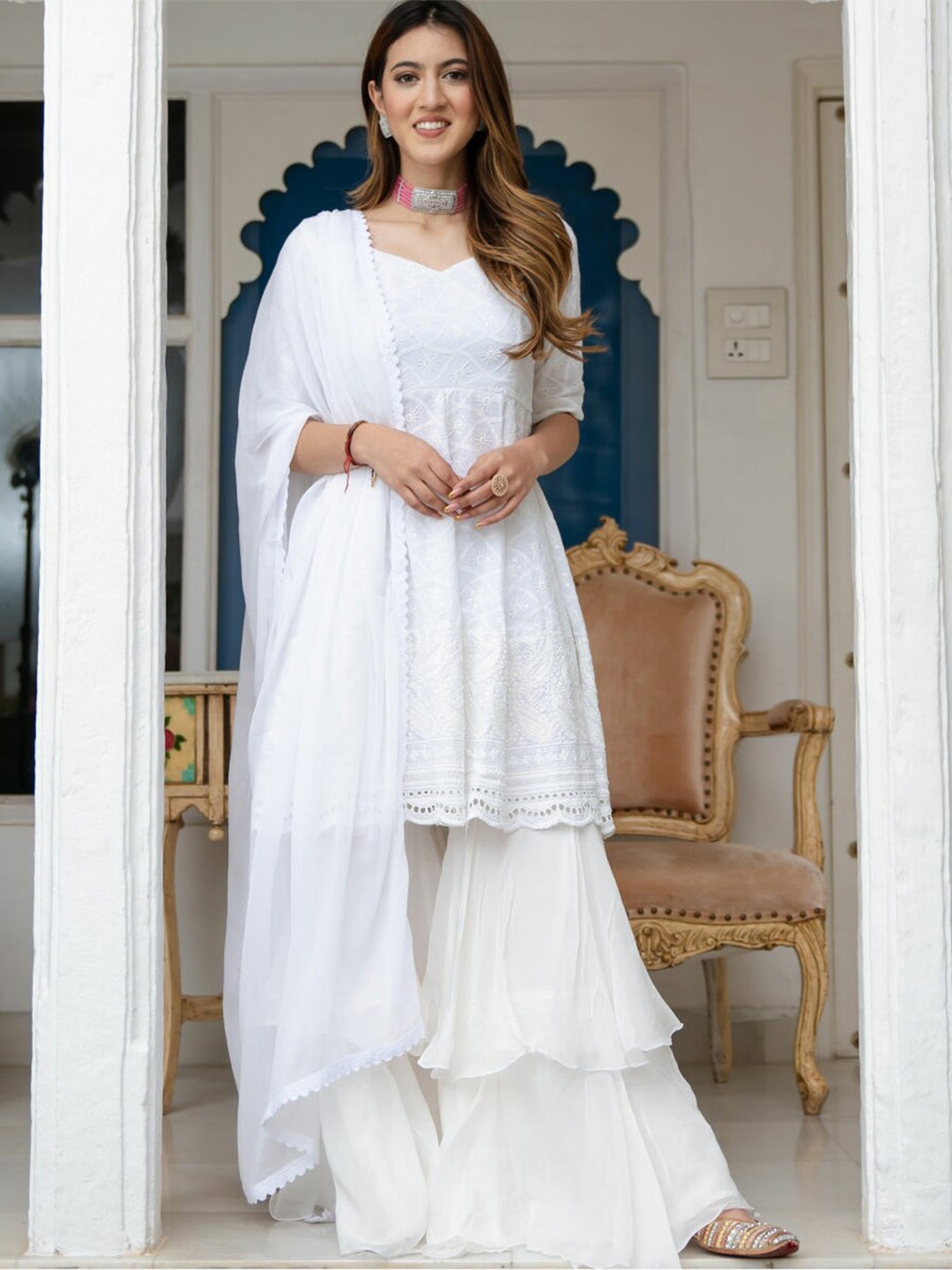 Lavanya The Label Women White Embroidered Pure Cotton Short Kurta and sharara With Dupatta
Lavanya The Label Women White Embroidered Pure Cotton Short Kurta and sharara With Dupatta