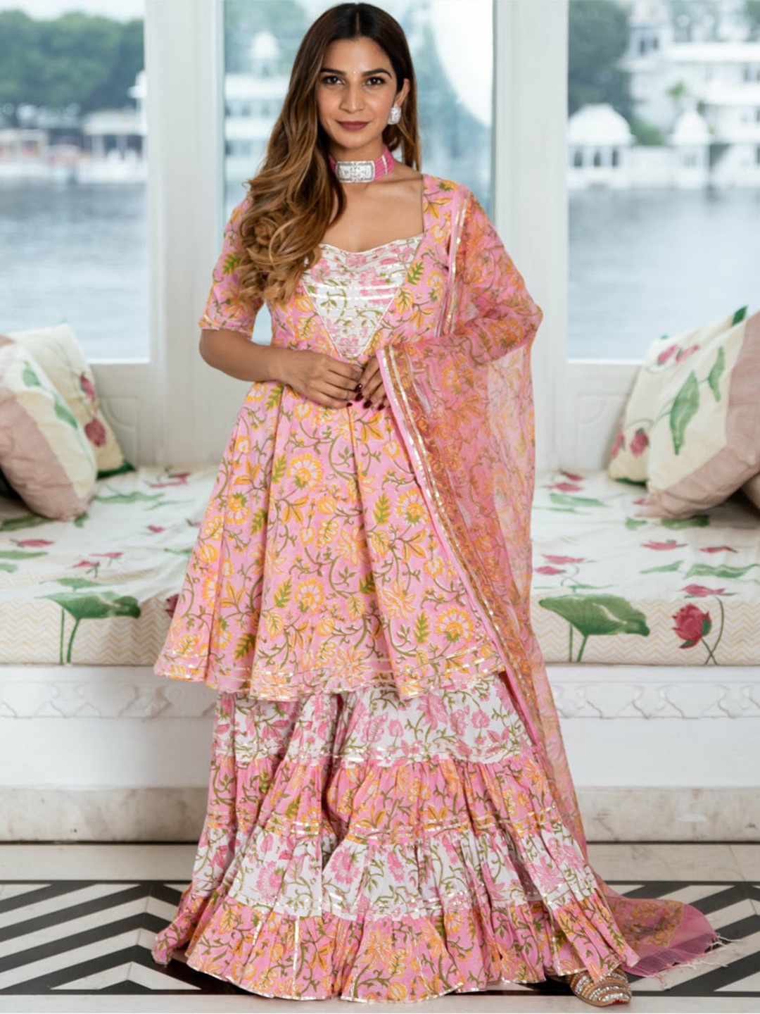 Lavanya The Label Women Pink Floral Printed Pure Cotton Kurta with Sharara & With Dupatta
Lavanya The Label Women Pink Floral Printed Pure Cotton Kurta with Sharara & With Dupatta