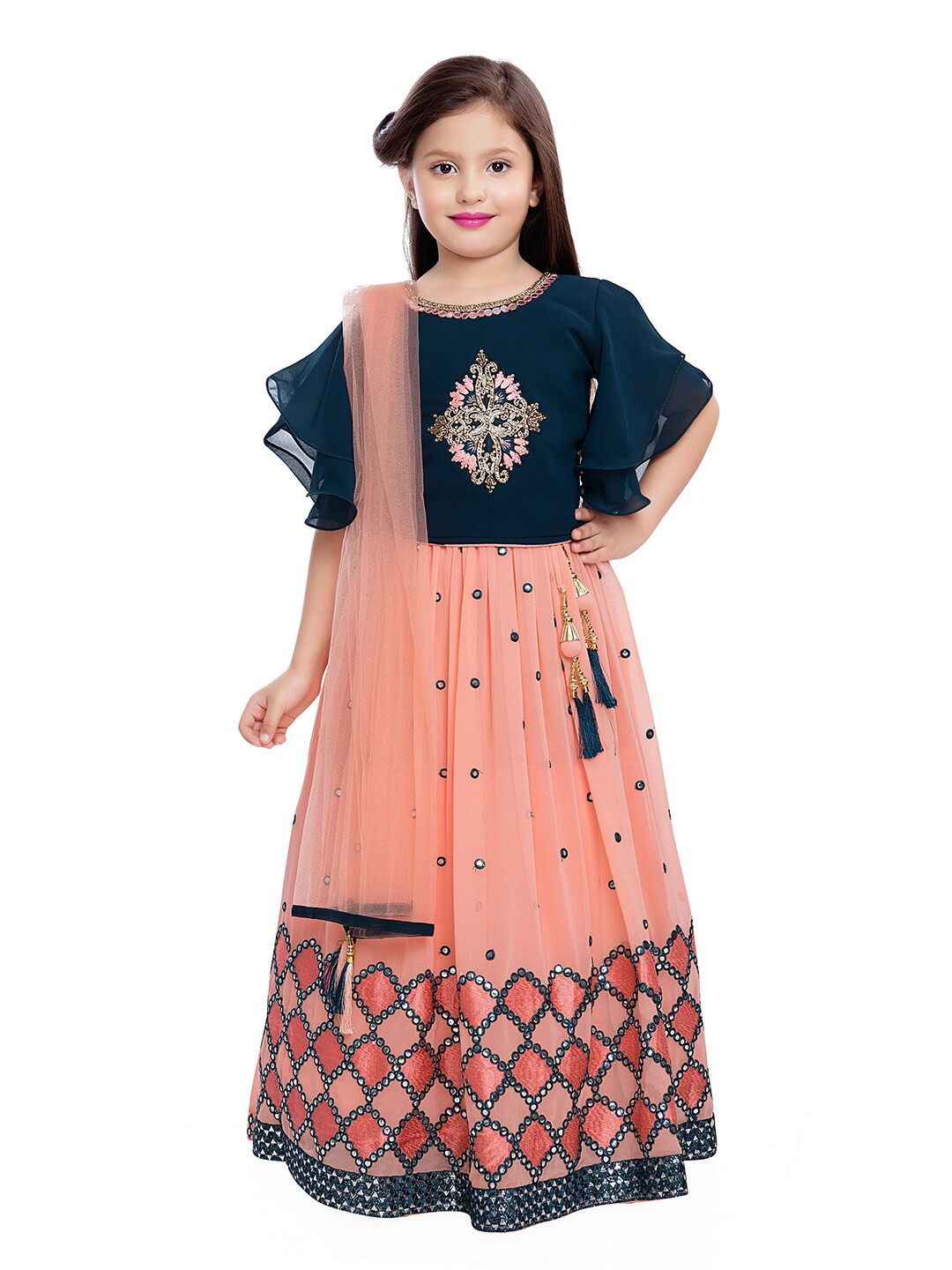 Tiny Kingdom Girls Blue & Pink Embroidered Mirror Work Ready to Wear Lehenga & Blouse With Dupatta
Tiny Kingdom Girls Blue & Pink Embroidered Mirror Work Ready to Wear Lehenga & Blouse With Dupatta
