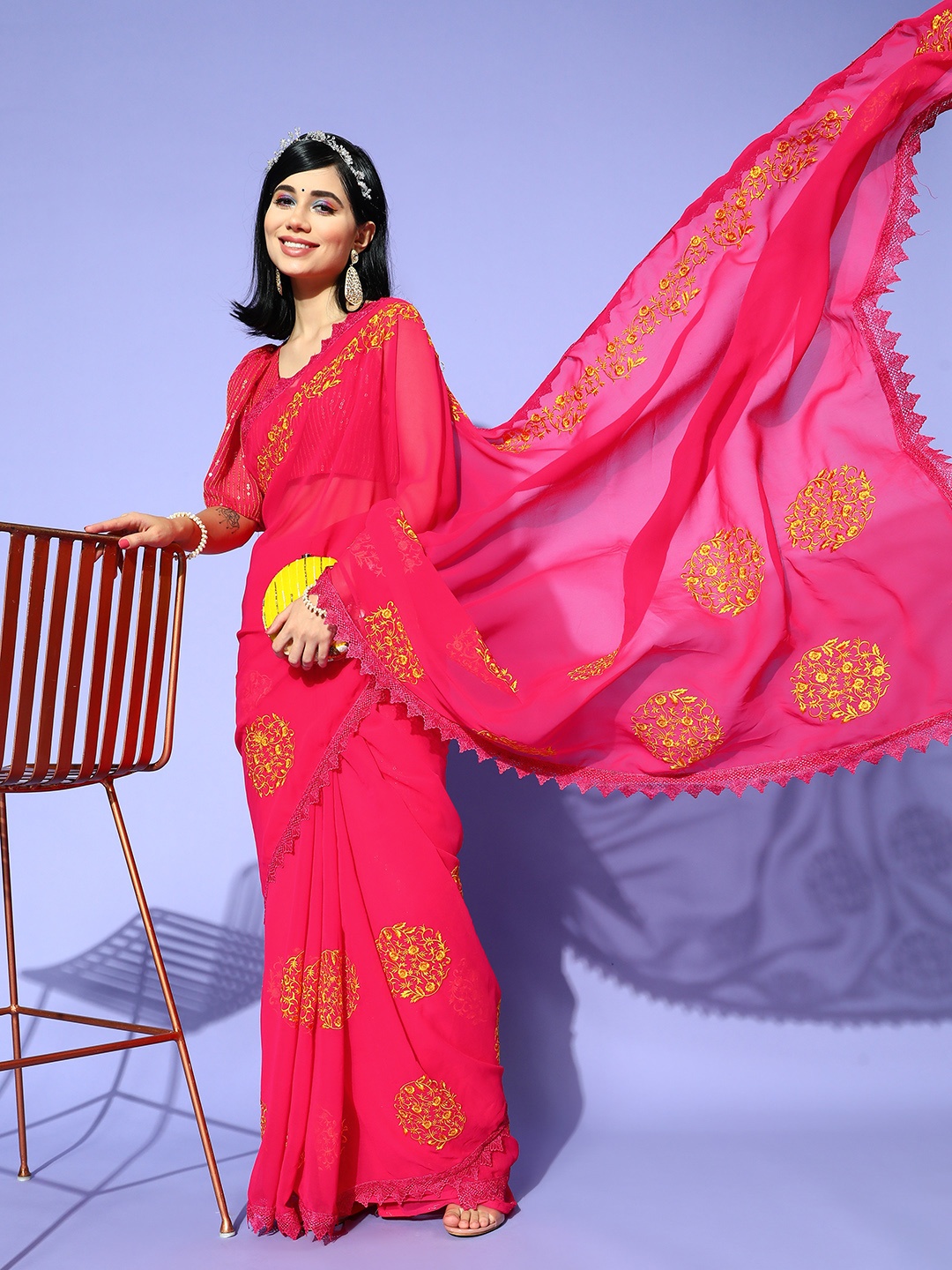 Tikhi Imli Ethnic Motifs Saree with Solid border, Pink