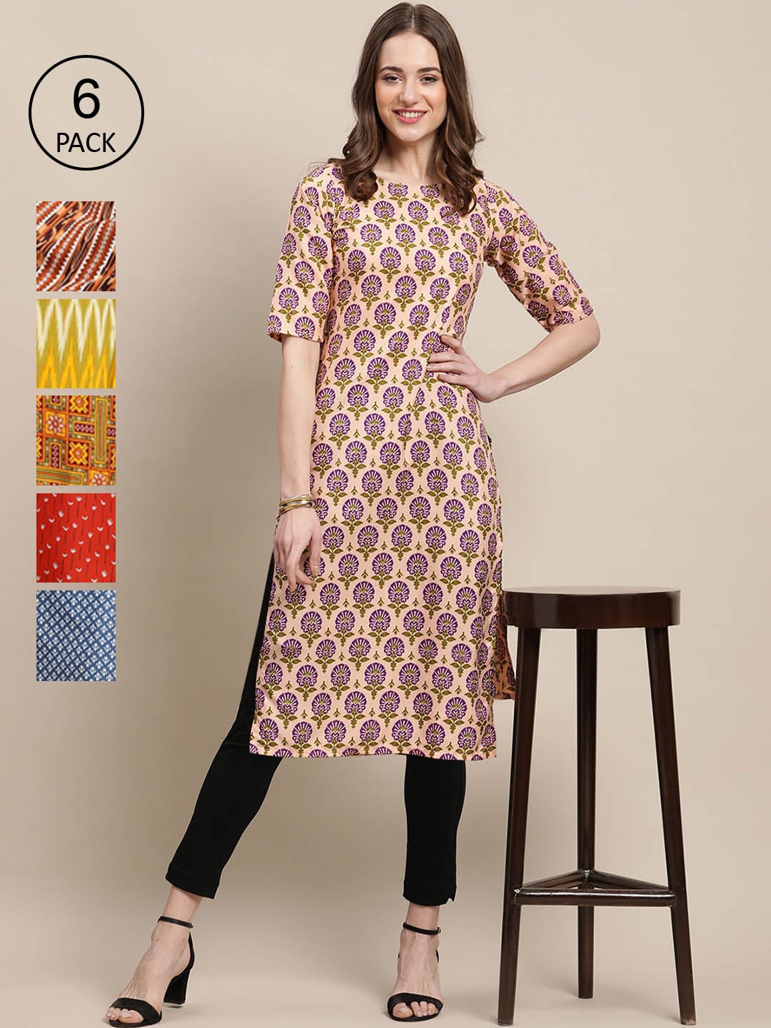 7Threads Women Pack Of 6 Multicoloured Geometric Printed Block Print Crepe Kurta, Multi
7Threads Women Pack Of 6 Multicoloured Geometric Printed Block Print Crepe Kurta, Multi