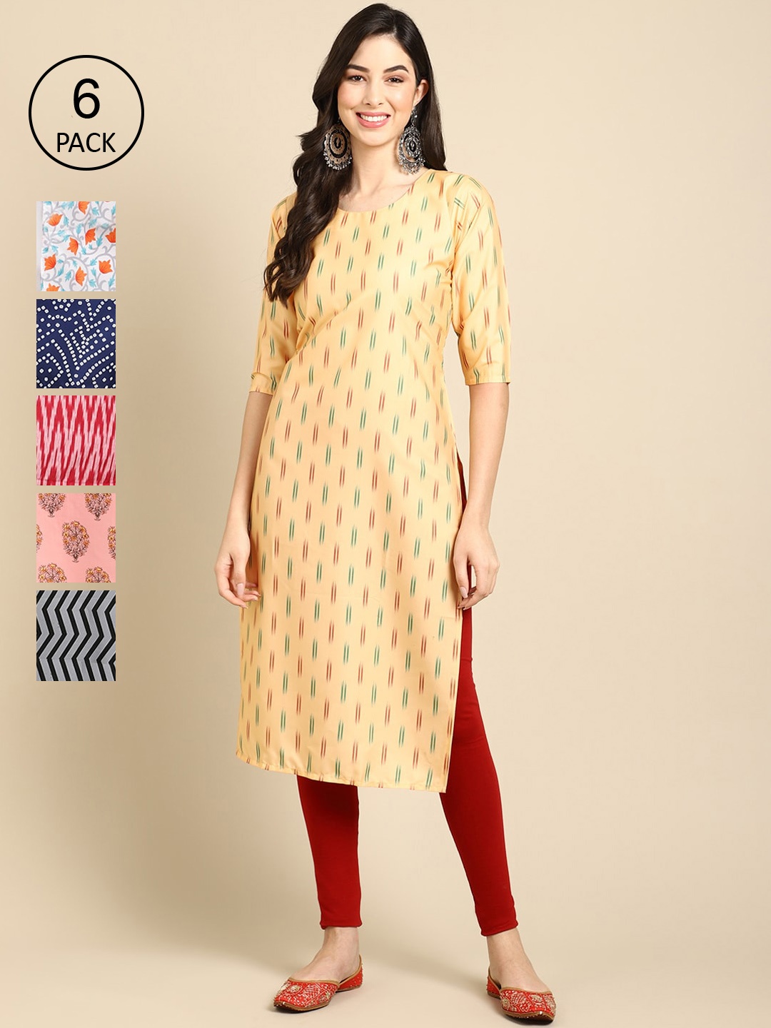 7Threads Women Pack Of 6 Multicoloured Geometric Printed Block Print Crepe Kurta, Multi
7Threads Women Pack Of 6 Multicoloured Geometric Printed Block Print Crepe Kurta, Multi