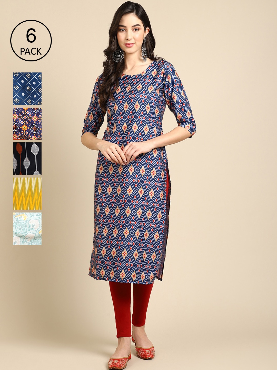 7Threads Women Pack Of 6 Multicoloured Geometric Printed Block Print Crepe Kurta, Multi
7Threads Women Pack Of 6 Multicoloured Geometric Printed Block Print Crepe Kurta, Multi